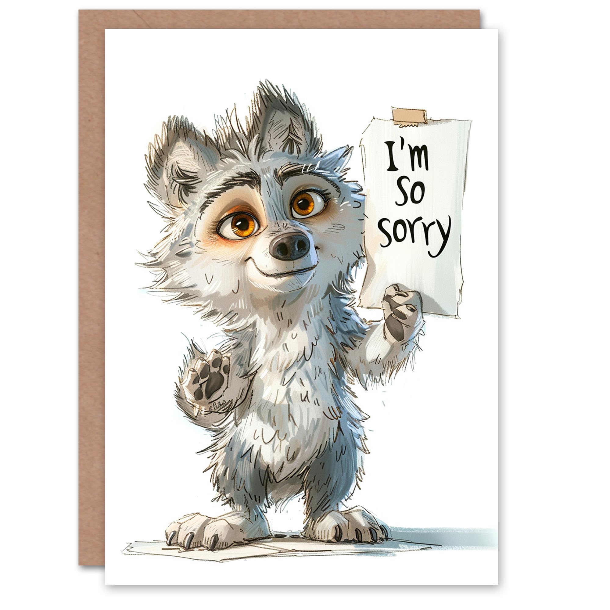 Artery8 Apology Card Cute Cheeky Wolf Pup Holding Sorry Sign Cartoon Blank Arty Art All Occasion Greeting Card