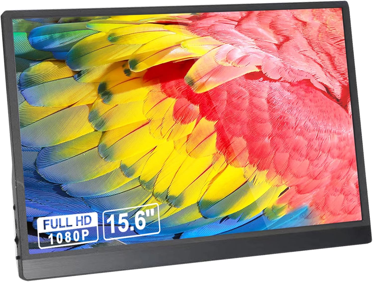 Front view of the UCMDA 15.6 inch portable monitor displaying vibrant colors, with 'FULL HD 1080p' and '15.6'' labels.