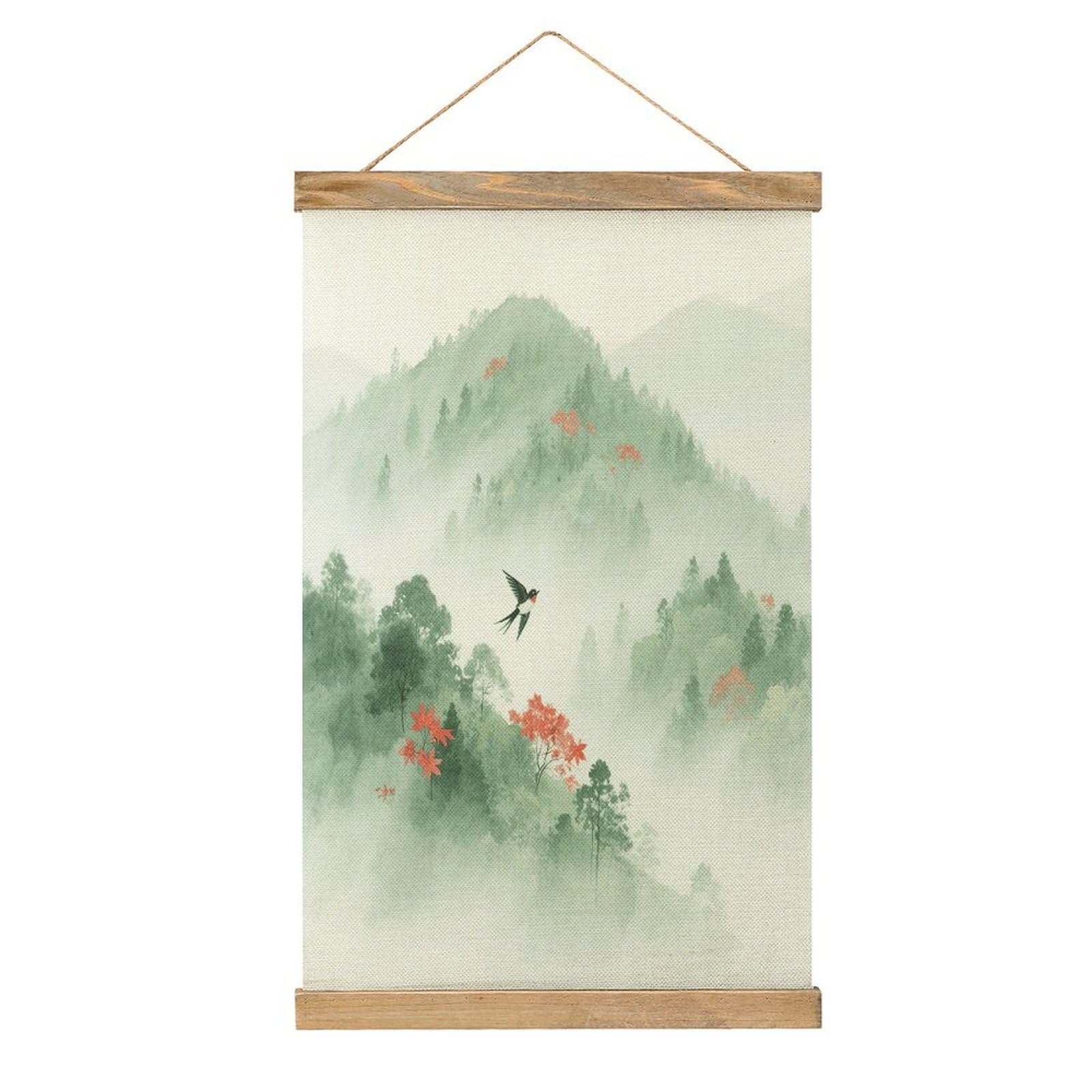 VstaDank Mountain Forest Hanging Poster with Wooden Frame Modern Linen Hanging Painting Retro Style Wall Decor Art Painting for Living Room,Bedroom Decor Poster Frame 20.4x13.1inch