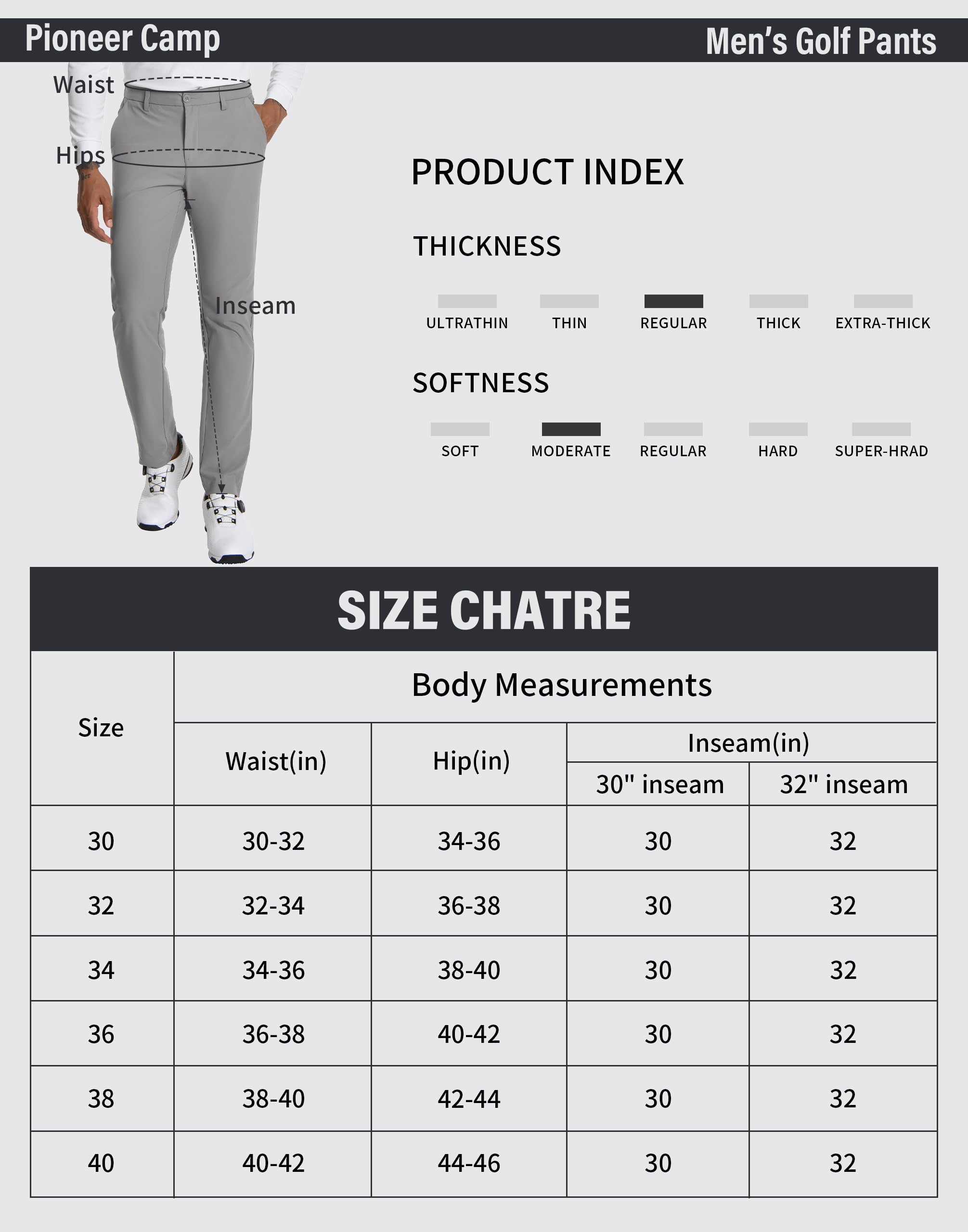 Pioneer Camp Pantaloni da golf da uomo, elasticizzati, traspiranti, lunghi, con elastico in vita e 3 tasche funzionali, grigio., 34 W/32 L