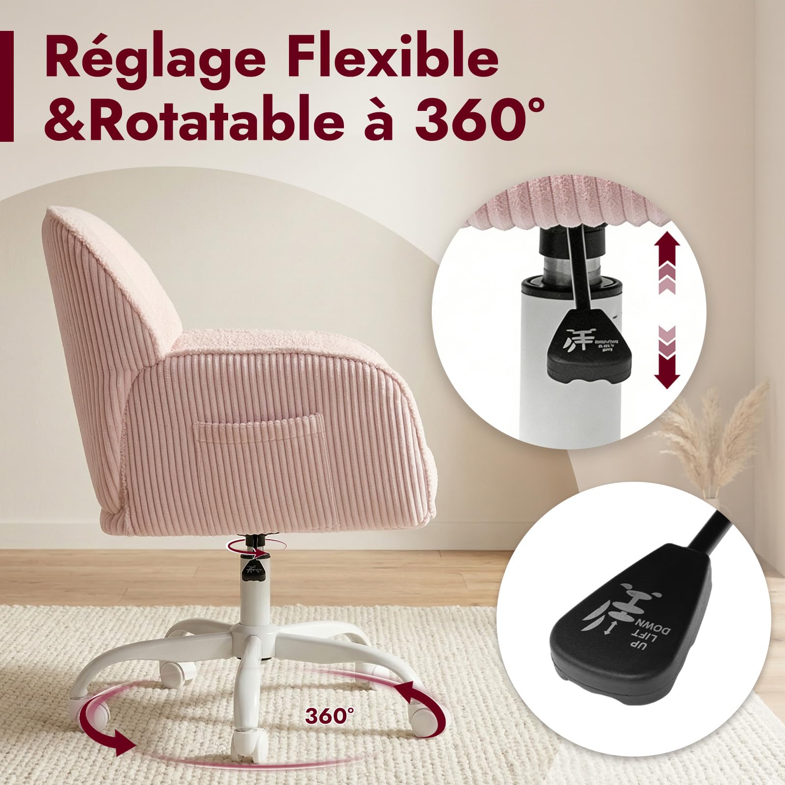 Chaise de Bureau Ergonomique Accoudoirs, Étude, Chambre, Rose