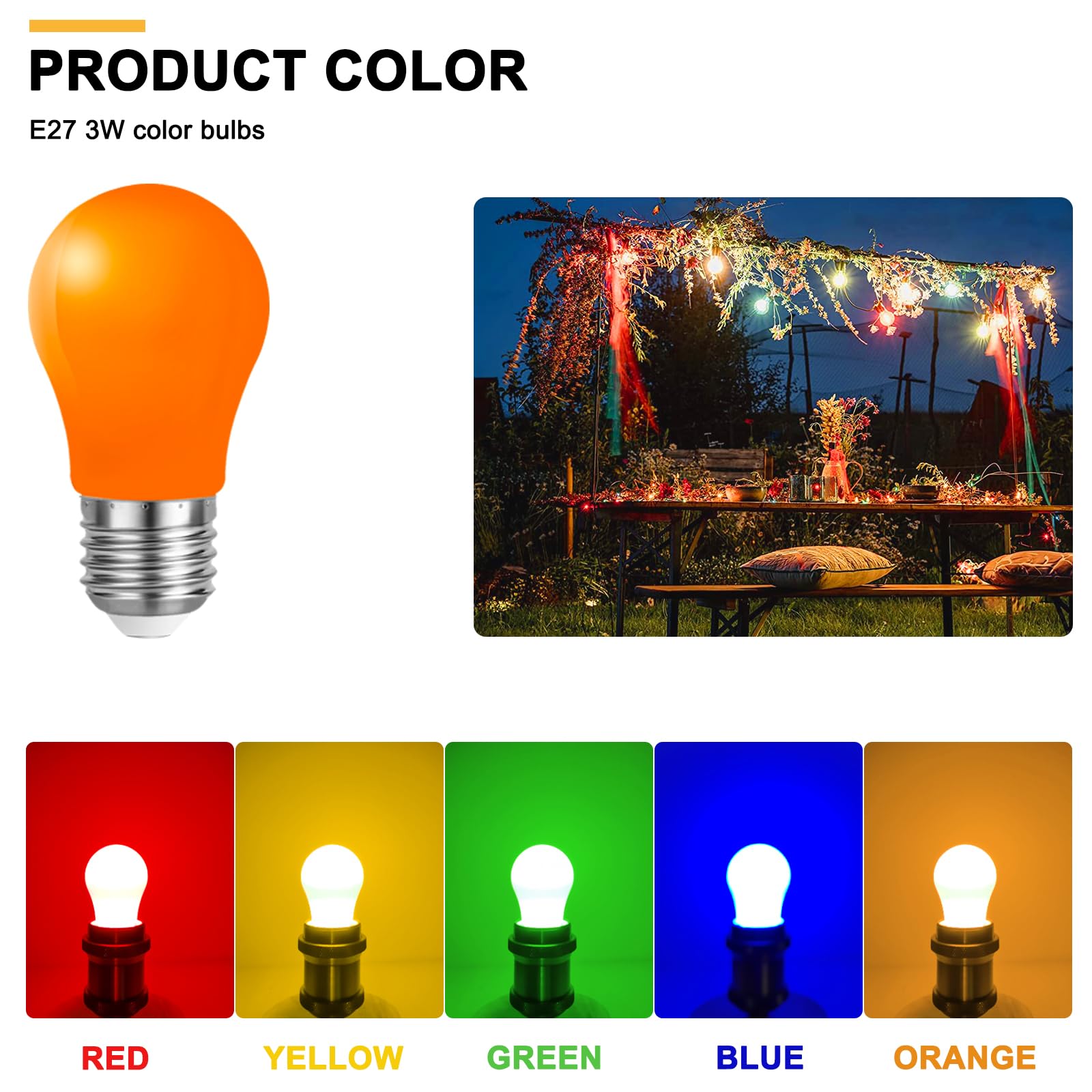40 Stück E27 LED Bunte Glühbirnen 3W, E27 Farbige lampen, Dekorative LED Lampe außen für Party,Lichterkette,Weihnachten, 220V AC, Rot Grün Blau Gelb Orange, Kunststoff
