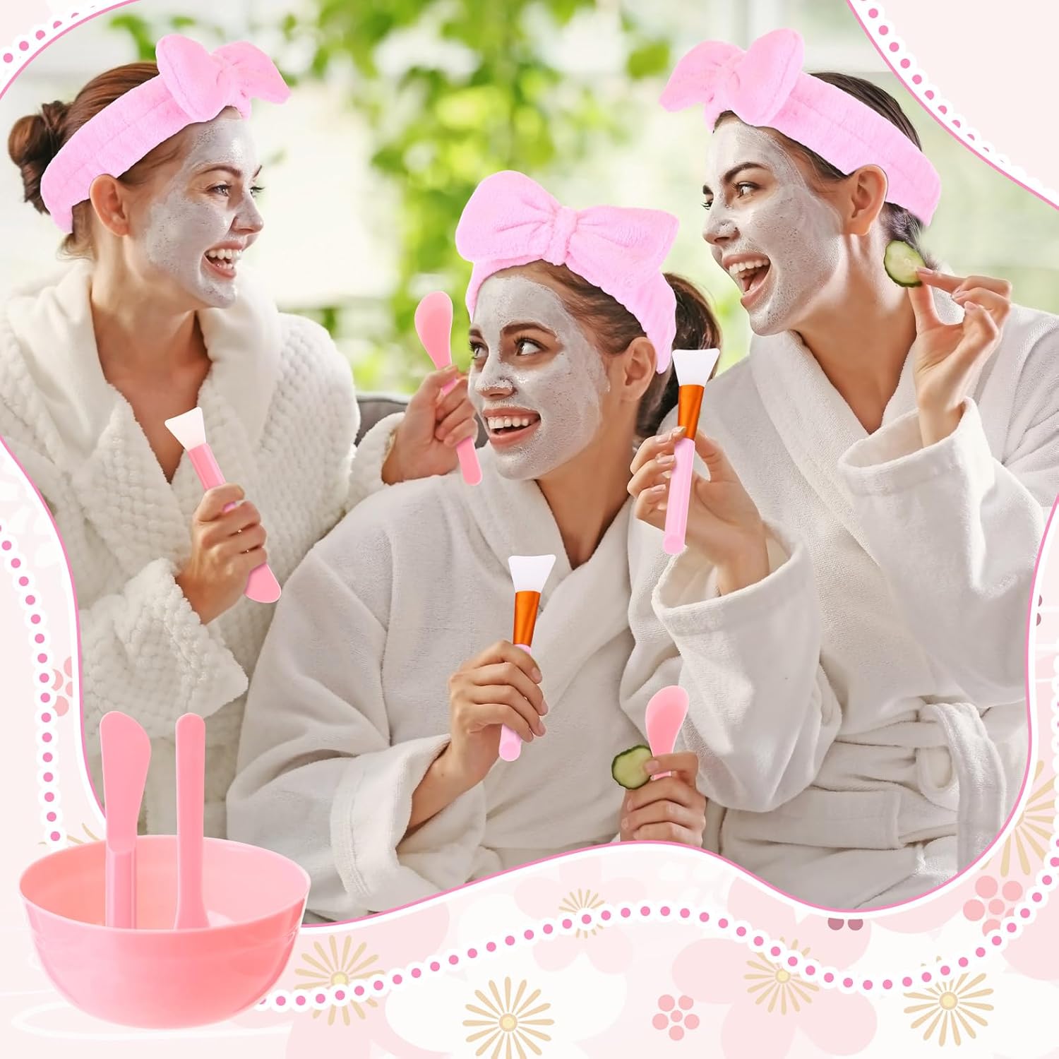 Honeydak 96 Pcs 12 Set Spa Party Favors for Girls Women Pink Sleepover Party Supplies Bulk Face Mask Bowl Set Mirror Headband Scrunchies Face Wash Cloths Basin Eye Mask for Wedding Bridal Shower Spa
