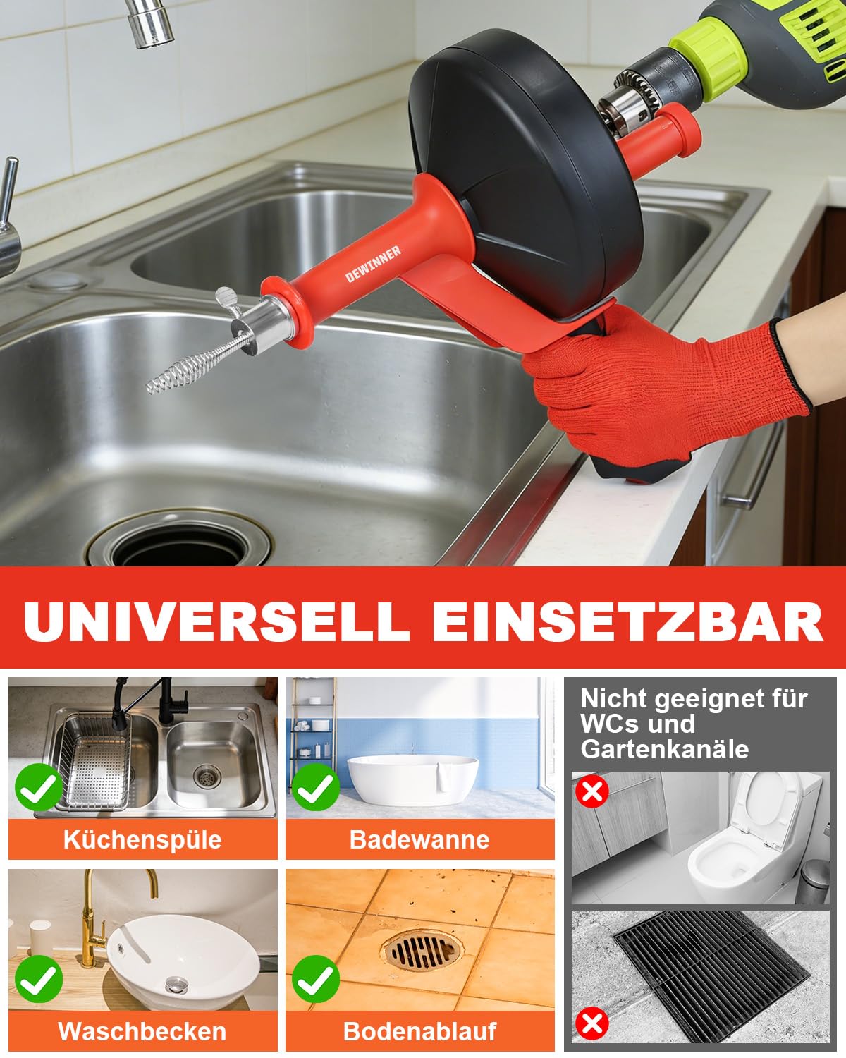 DEWINNER Rohrreinigungsspirale 10m mit Bohraufsatz - Manuell & Elektrisch Abflussreiniger Komplettset inkl. Handschuhe - Für Küche, Waschbecken, Dusche, Badewanne