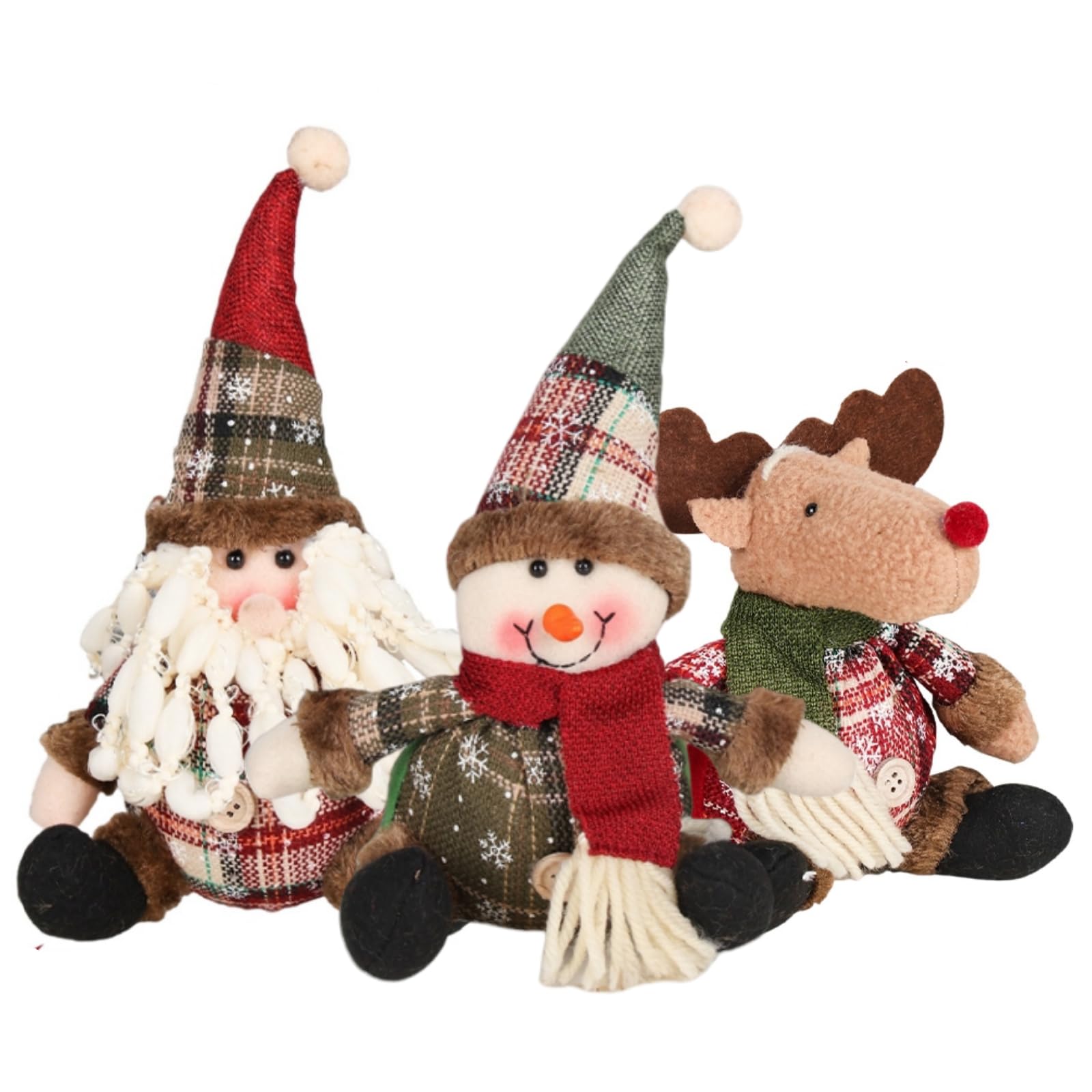 Figuras de Felpa Navideñas Sentado, 3 Piezas Papá Noel Sentado Muñeco de Nieve Reno Navidad Adorno de Navidad, Figurines de Navidad de Felpa para Mesa de Navidad, Escritorio, Chimenea Decoración