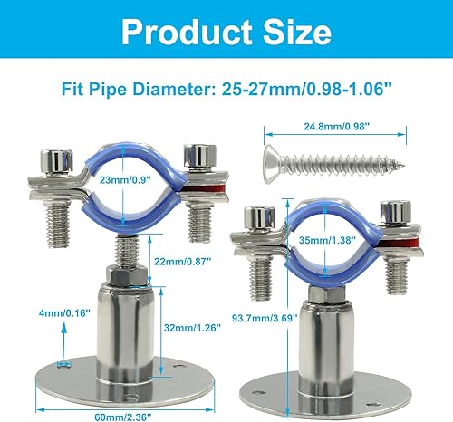 Miniatura 2 de 2 soportes de tubo de montaje en pared de acero inoxidable 304, adecuados para tubos OD de 34 pulgadas (0.984-1.063 in), altura ajustable de