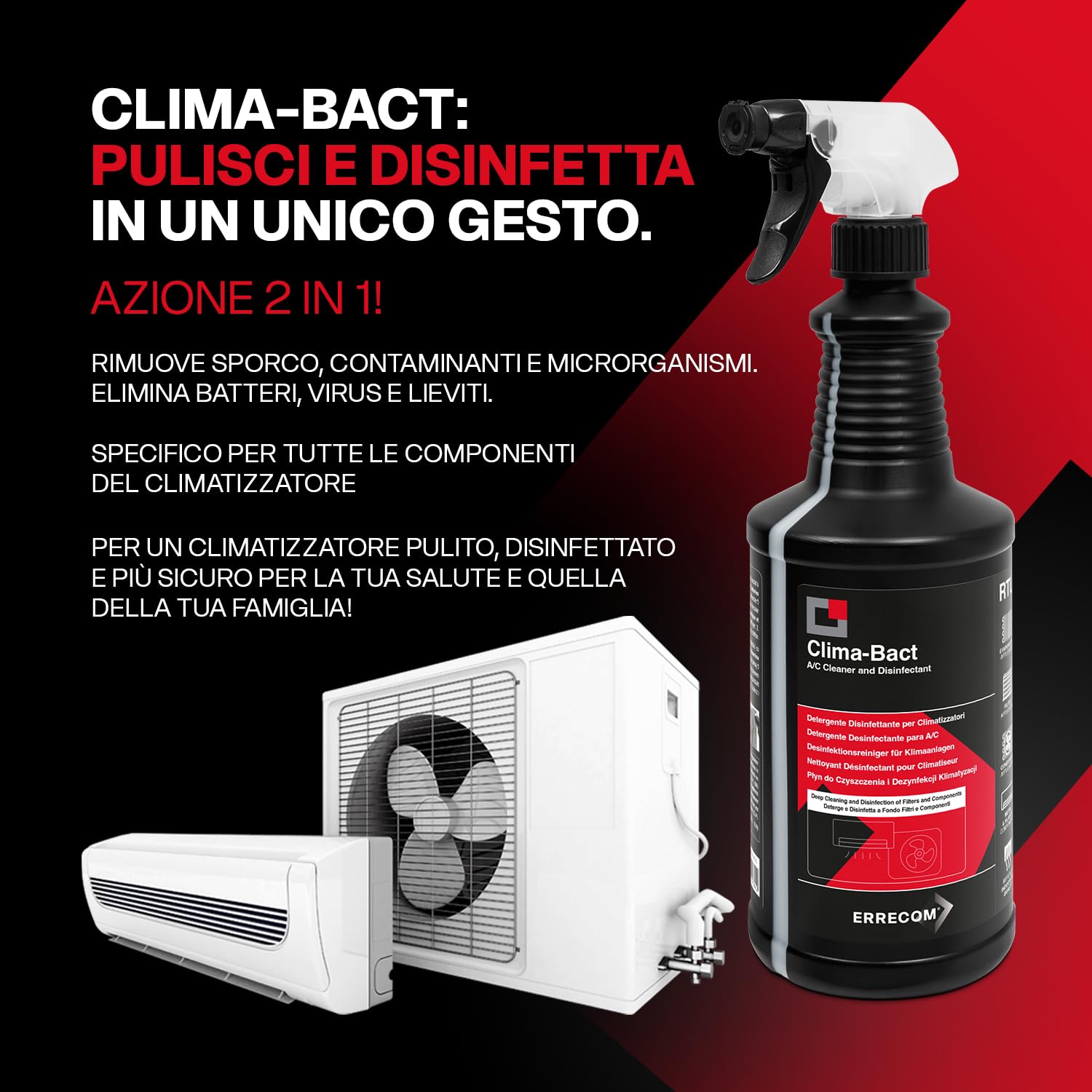 Errecom Kit Pulizia e Disinfezione Climatizzatori, Clima-Bact Detergente Disinfettante Biocida Registrato 1 L + Wally Cover Protezione Split + A/C Tabs 40Pastiglie Climatizzatore ad Azione Prolungata