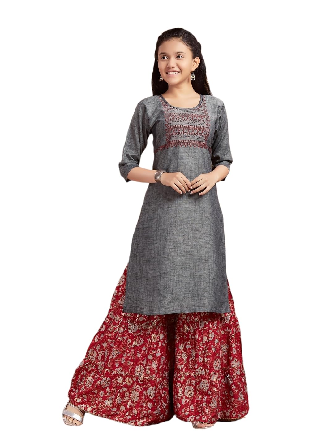 Aarika Girls Casual Wear Grey Colour Tribal Print Cotton Kurti (9-16 Years)