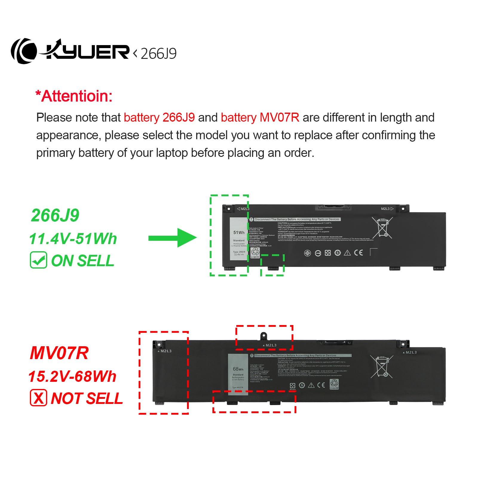 K KYUER 51Wh 266J9 Batterie pour Dell G3 15 3500 3590 3790 G5 15 5500 5505 SE Inspiron 5490 INS 15PR-1545W 1548BR 1645W 1742W M4GWP C9VNH PN1VN 415CG MV07R 0266J9 0PN1VN 0415CG 0M4GWP P89F P89F001