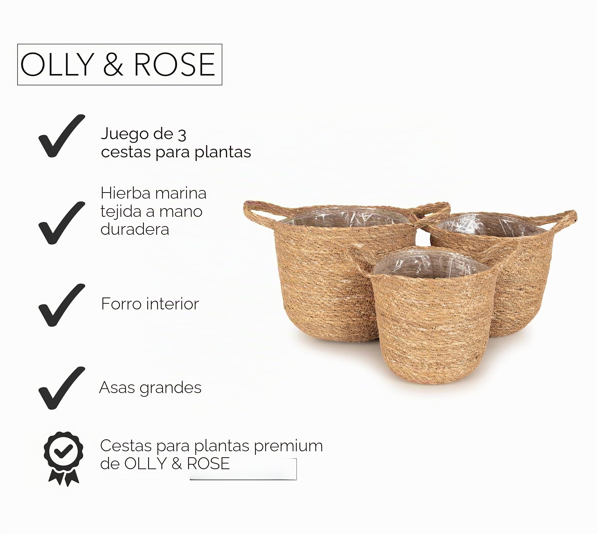 Olly & Rose Juego de 3 cestas para macetas de interior de primera calidad, cestas de hierba marina tejida natural con forro para plantas pequeñas y medianas, macetas de interior