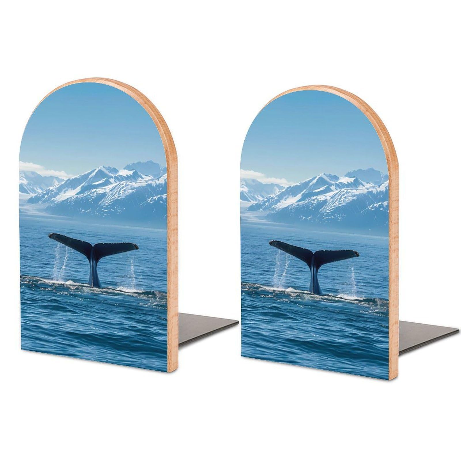 U.s.a-Alaska Whale Tail in Mountaines Book Ends Wood Non-Slip Books Stand Book Holders Book Stopper Organizer for Shelves Home Office