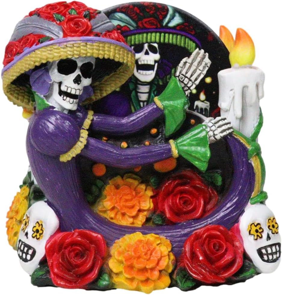 Ebros Gothic Sugar Skull Day of The Dead Roses and Flowers Calavera Dancing Lady Catrina Coaster Figurine Holder with 4 Colorful DOD Coasters Macabre Skeleton Accent
