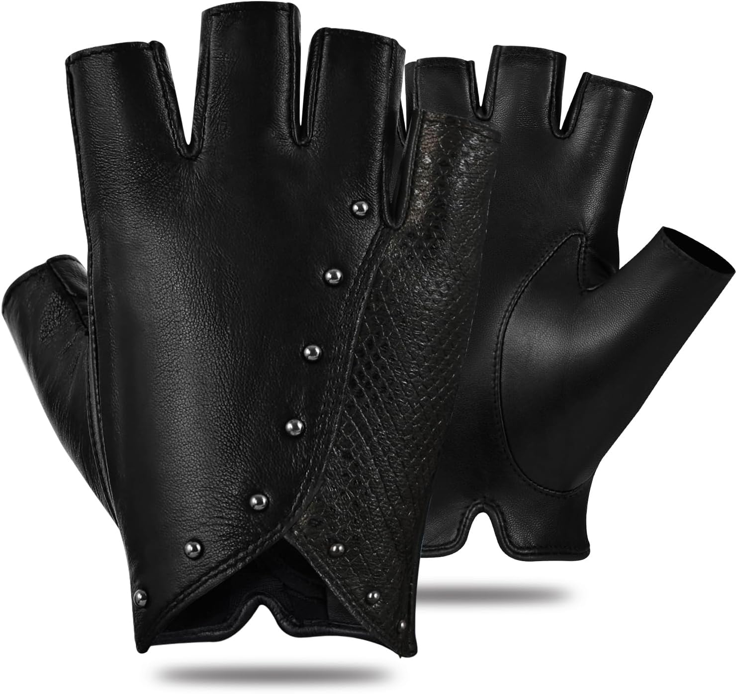 FIORETTO Womens Punk Fingerless Leather Gloves for Driving Motorcycle Unlined Half Finger Sheepskin W180416 - Image 4