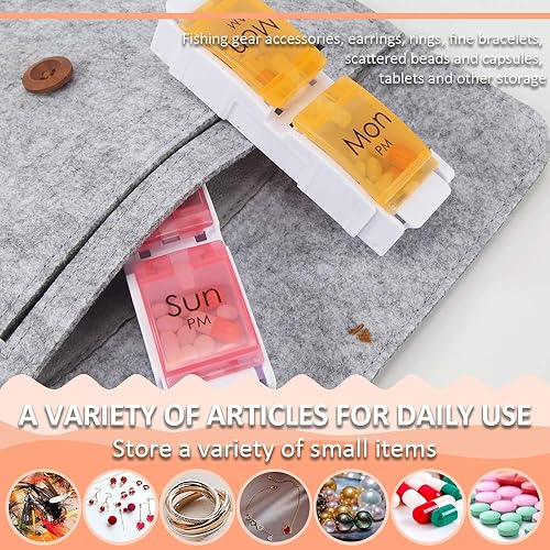 Miniatura 7 de AM PM - Organizador de pastillas de viaje, SZREDU portátil, pastillero de bolsillo, 2 compartimentos para farmacia, pastillero diario para