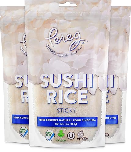 Pereg Arroz natural para sushi de 16 onzas, paquete de 3 unidades (total de 3 libras) – Grano corto adhesivo blanco – Vegano, sin OMG, fabricado en