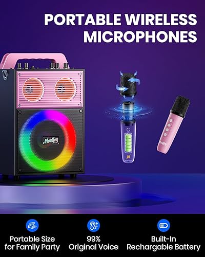 Miniatura 6 de Moukey Máquina de karaoke para adultos y niños, sistema PA portátil, altavoz Bluetooth para fiesta con 2 micrófonos inalámbricos y luz de disco