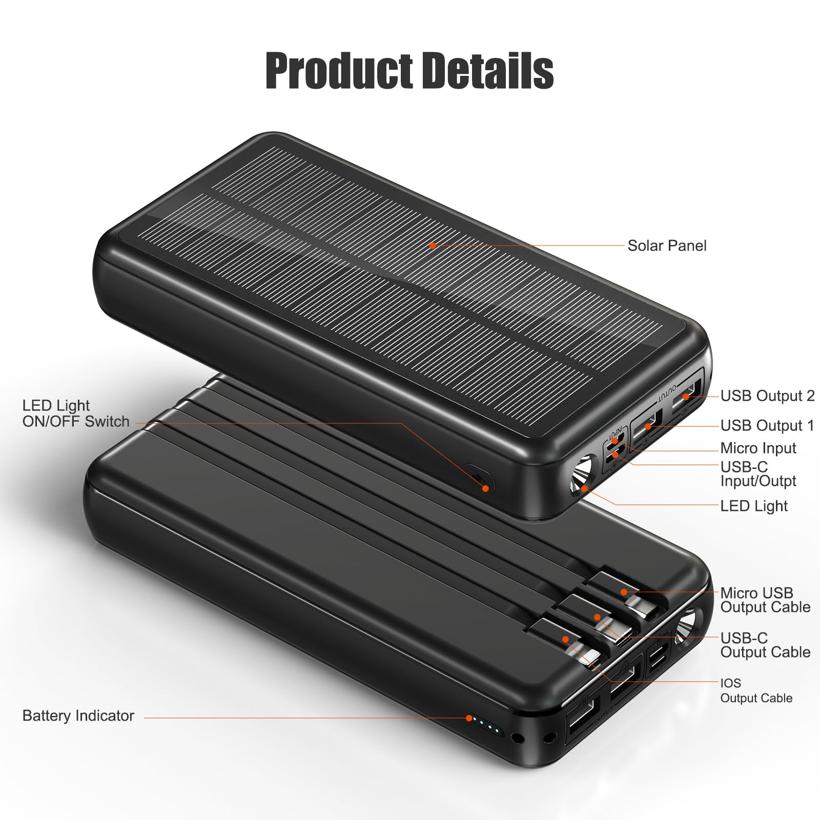 Banque d'énergie solaire 27 000 mAh, batterie externe avec 6 sorties et 2 entrées, batteries externes pour charge rapide de 15 W, tablettes, camping, voyage, extérieur