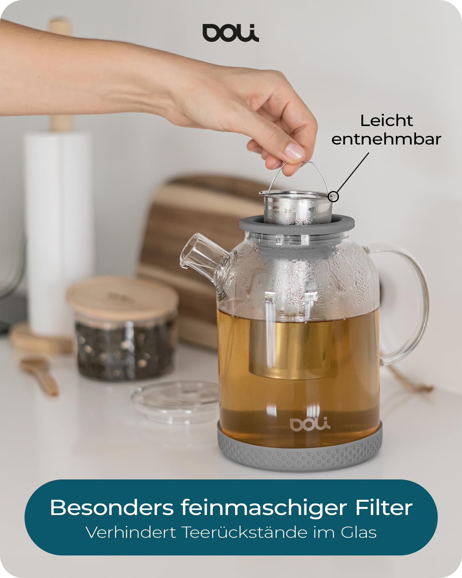 Doli 1,5L Teekanne Glas mit Siebeinsatz Grey - Langes Edelstahl Sieb für pures Aroma - für heiße & kalte Getränke - Spülmaschinenfest - BPA-frei