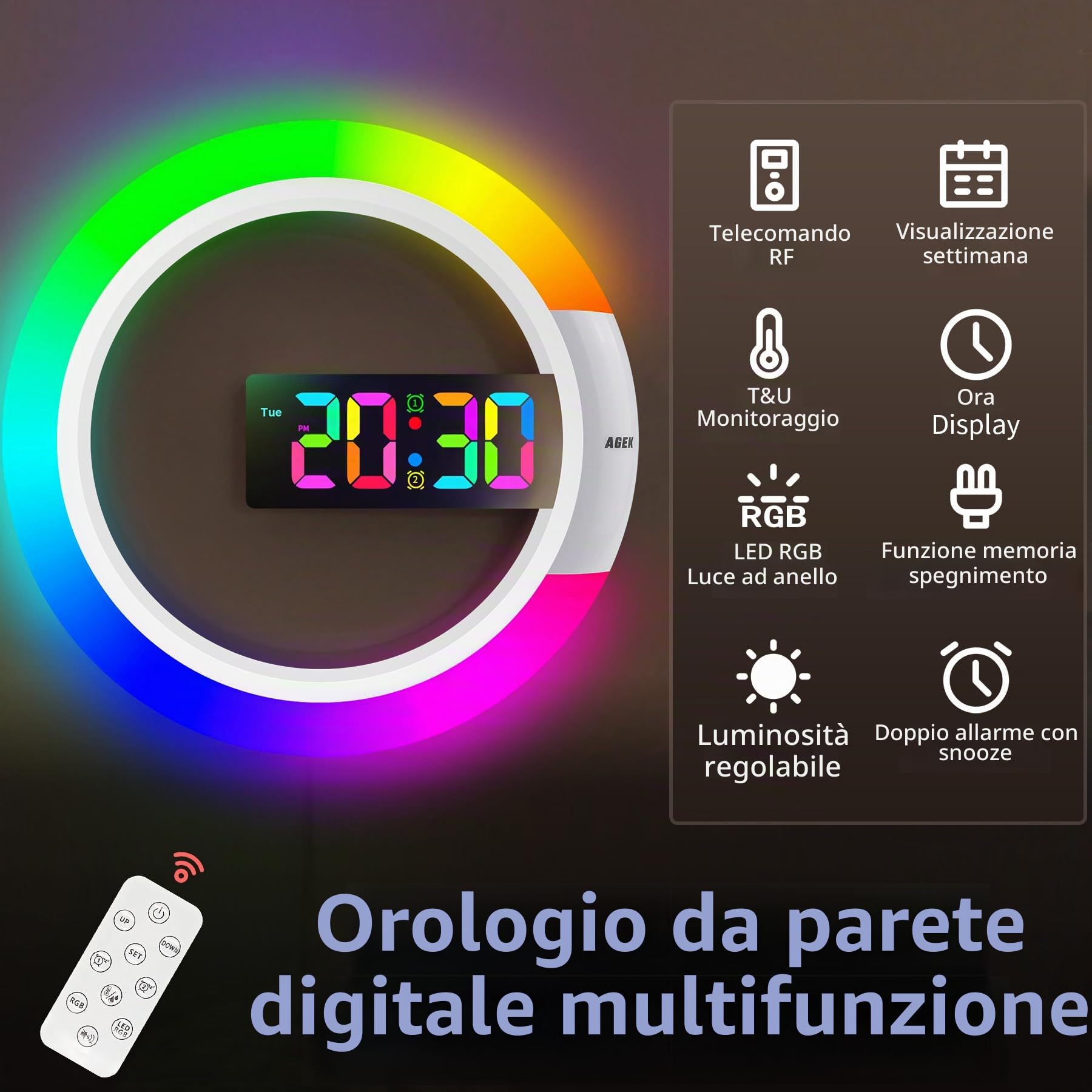 Grande orologio da parete digitale a LED, sveglia da parete rotonda da 12 pollici con telecomando Luce notturna RGB Temperatura per soggiorno, camera da letto, casa, ufficio