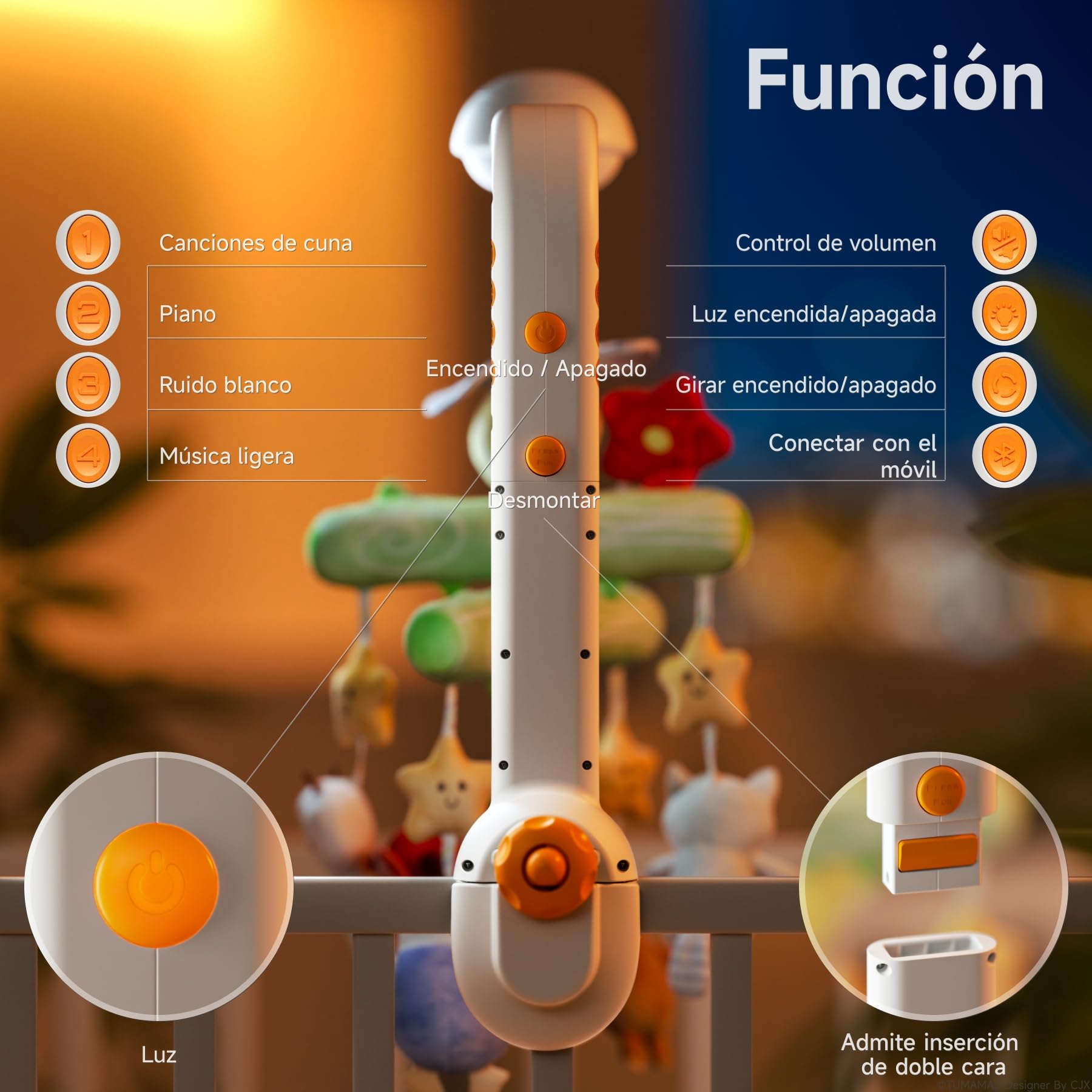 TUMAMA KIDS Movil Cuna Bebe con Música y Proyector de Luz, Carrusel Cuna Bebe para 0 3 6 9 Meses, Sonajero Juguete Sensorial para Recién Nacidos Regalo