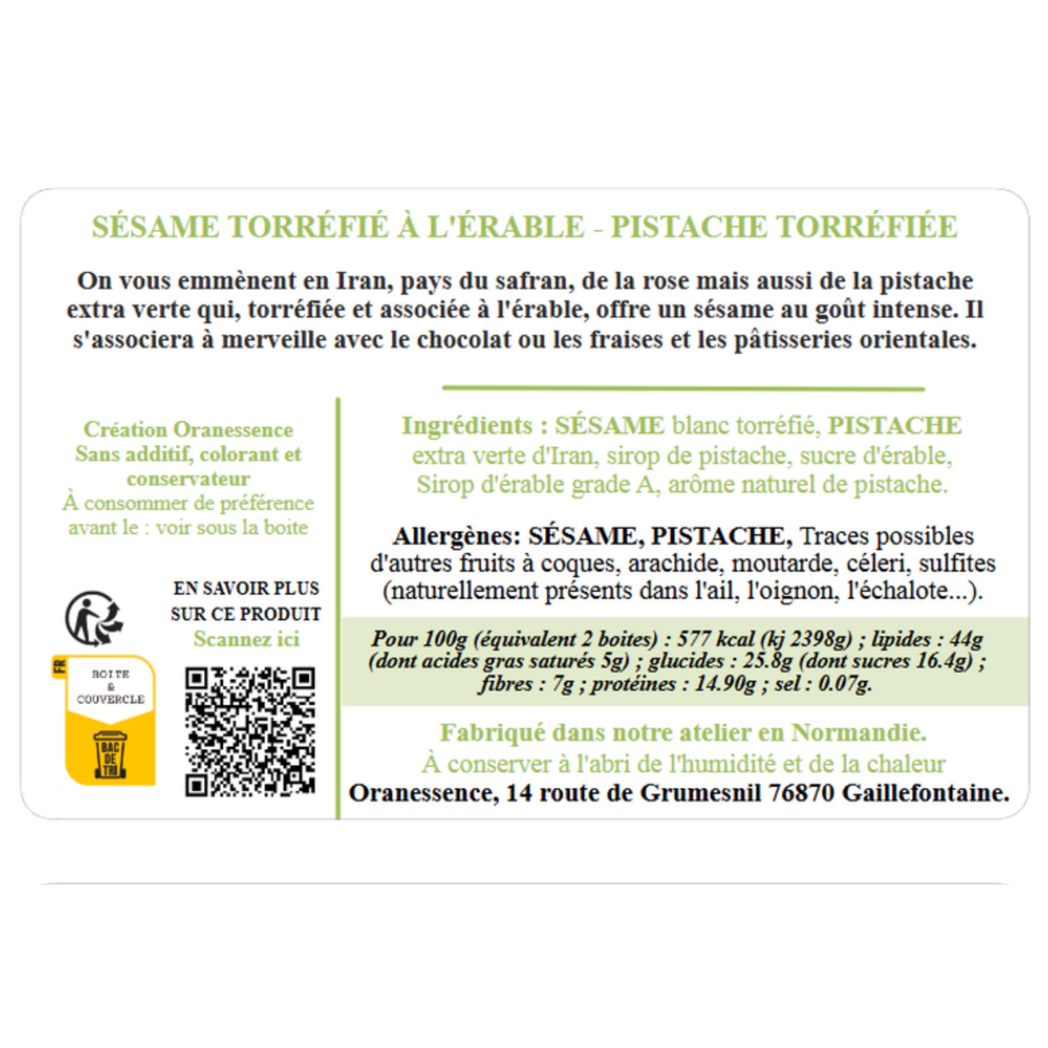 Sésame à l'érable (200g) - Pistache - Topping Dessert - UNIQUE - Fabriqué à la main en Normandie - Assemblage d'Exception - Sans additif, Sans Colorant, Sans Conservateur, non irradié