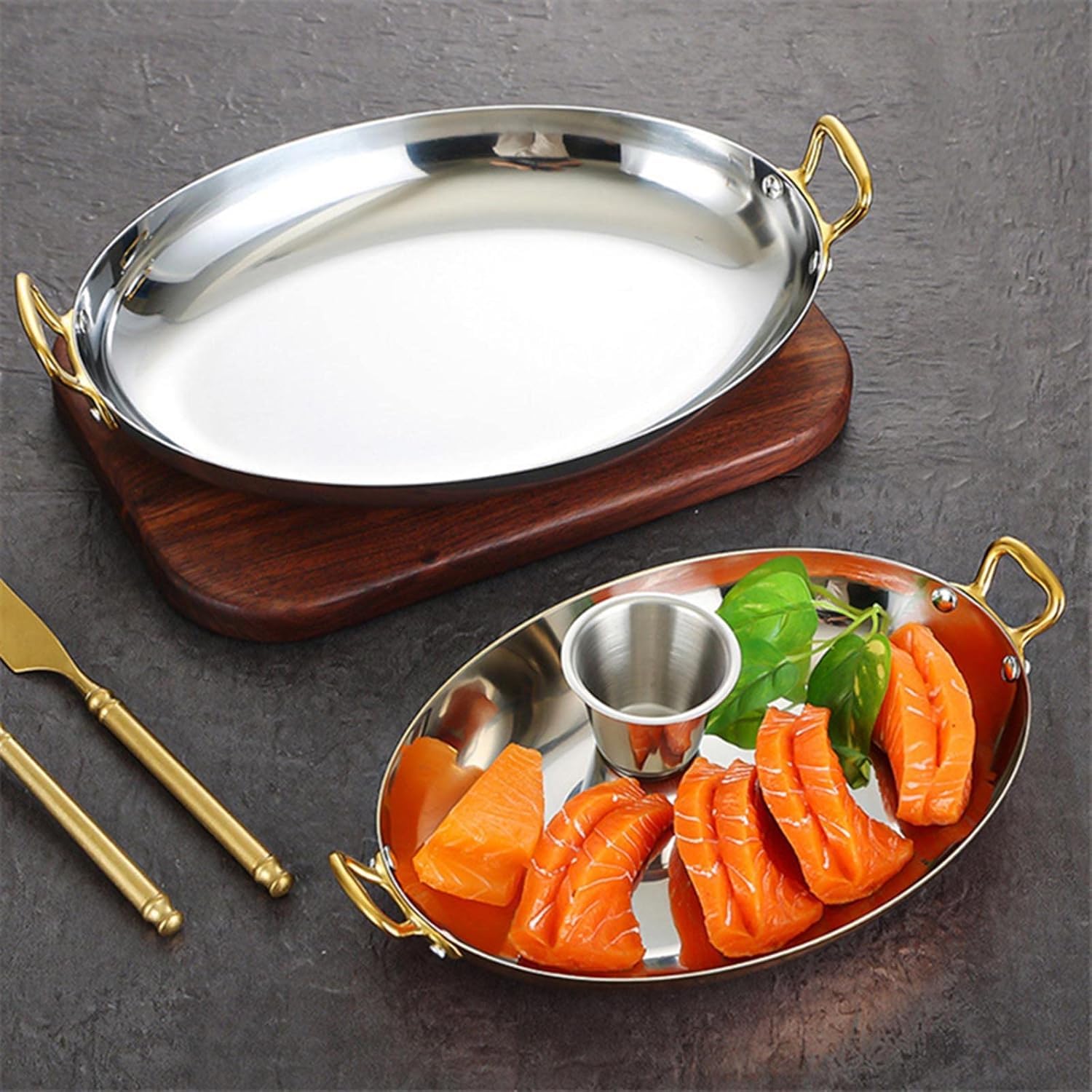 Piatto ovale in acciaio inox resistente, vassoio da portata in metallo da 40 cm con doppi manici per pesce, tacchino, sushi e carne, perfetto per feste e intrattenimento