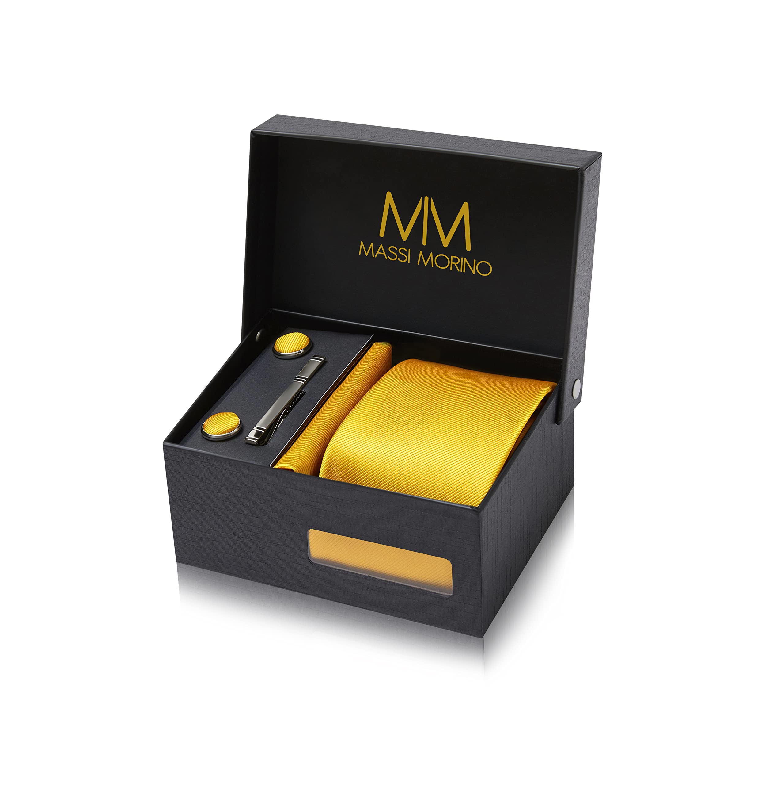 Massi Morino Set de Corbata con Pañuelo para Hombre incl. Gemelos, Pasador de Corbata y Caja de Regalo | Set de Corbata para Hombres para Bodas