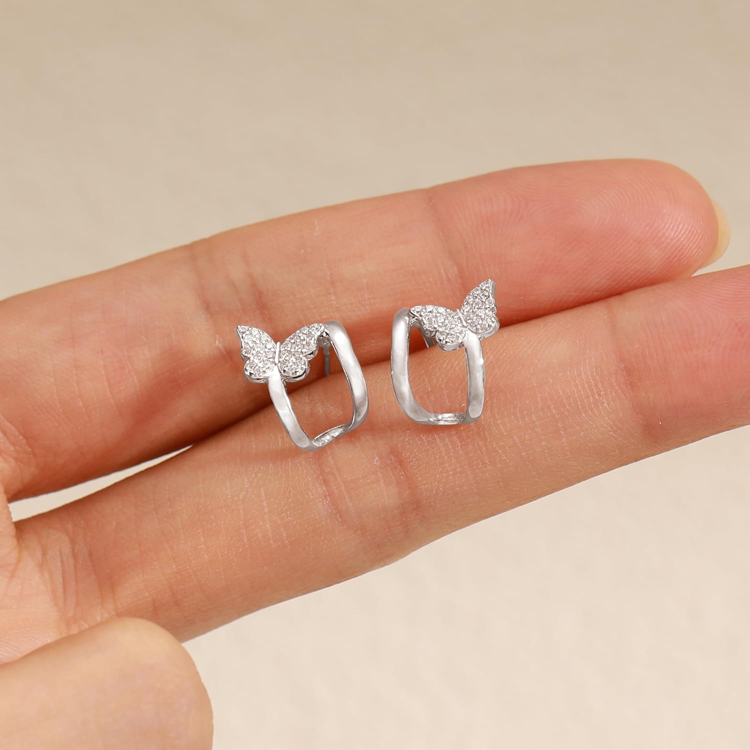 Butterfly Double Half Hoop Earring for Women, 925 Sterling Silver Shiny Cubic Zirconia Butterfly Open Hoggie to Daughter 14K Gold Plated Animals Insects Stud Earrings Hypoallergenic Valentines Day Jewelry Gift - Image 4