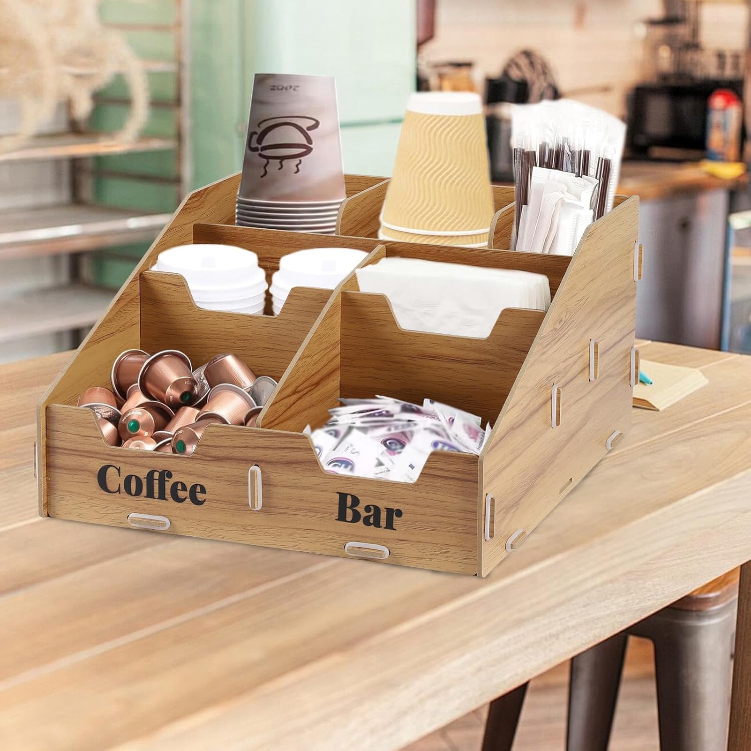 Organizer per caffè in legno con 7 scomparti e divisori rimovibili, stazione caffè e organizzatore per spezie per cucina e ufficio, porta capsule e portabicchieri in legno, accessori per bar