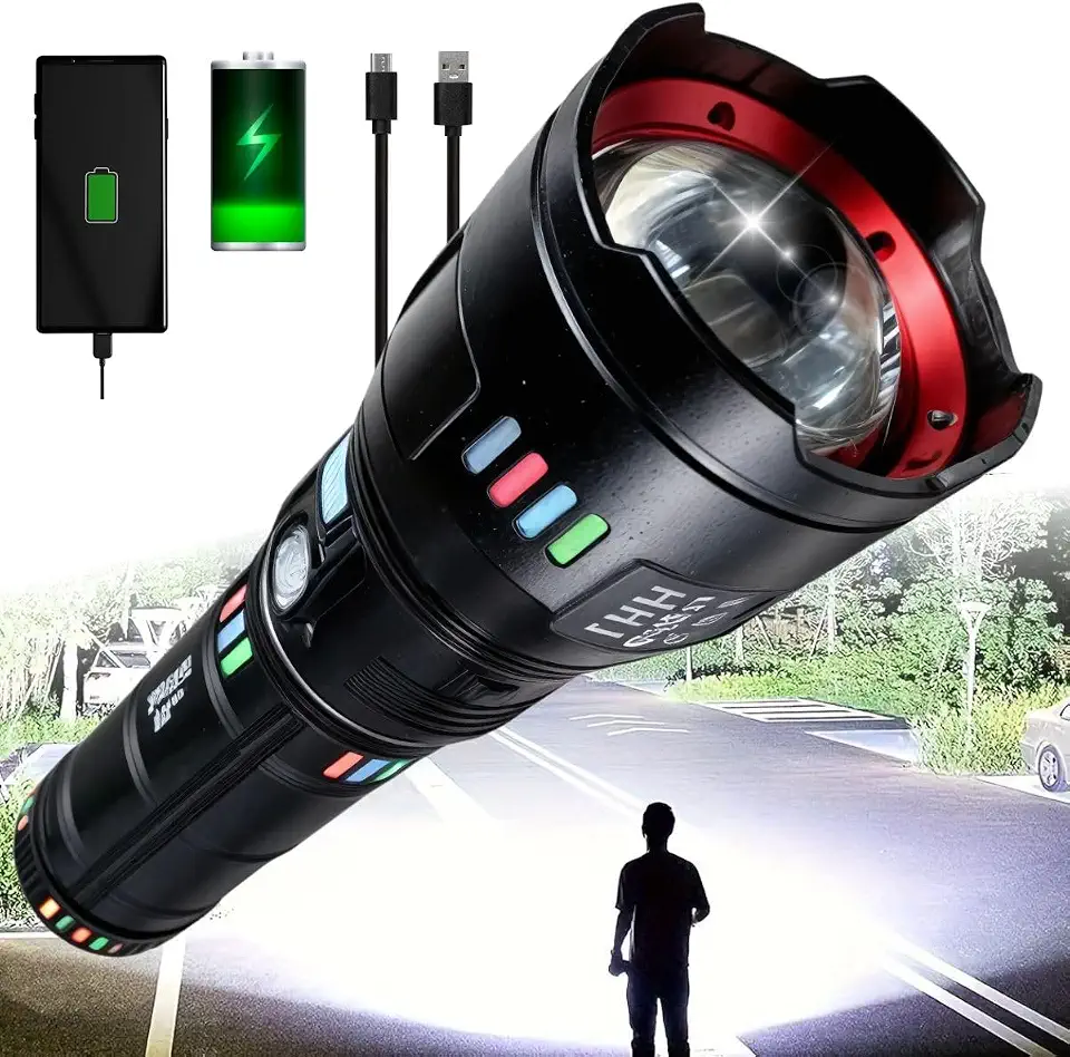 Lanterna Tática Militar Mais Forte do Mundo, com LED Laser Pro de alta potência. Feita para resistência extrema, é ideal para aventuras ao ar livre, emergências e uso profissional