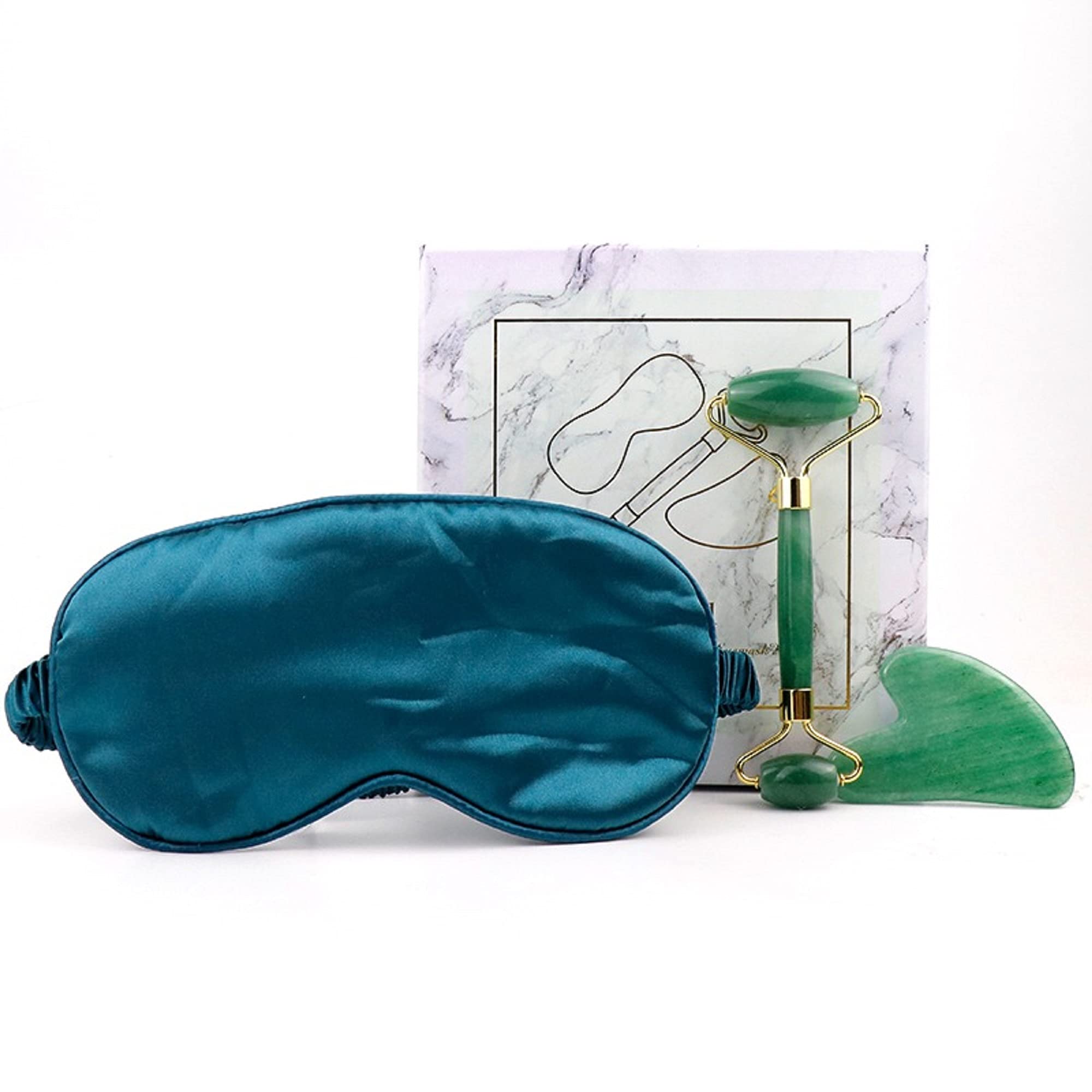 Dawsh - Face Roller Gua Sha Set with Luxury Sleeping Face Mask - 3 in 1 Facial Spa Gift Box made of 100% Authentic Crystal – Anti Aging Device & Skin Care Tool Kit (Green Aventurine Jade)
