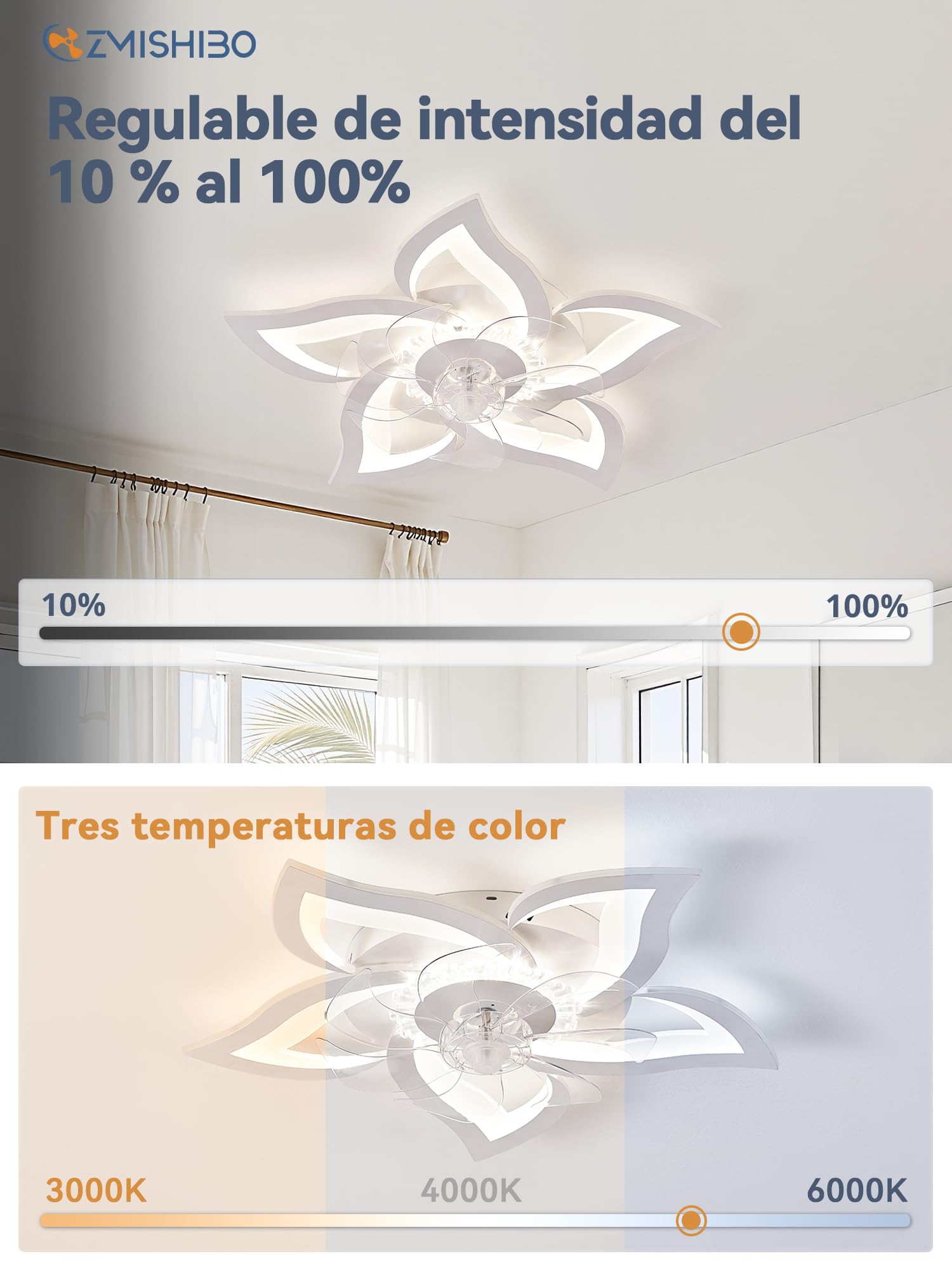 ZMISHIBO Ventilador de Techo con Luz Silencioso Floral Blanco 69cm, Motor DC Inversible 6 Velocidades, LED Regulable, APP Bluetooth para Dormitorio, Cocina y Comedor