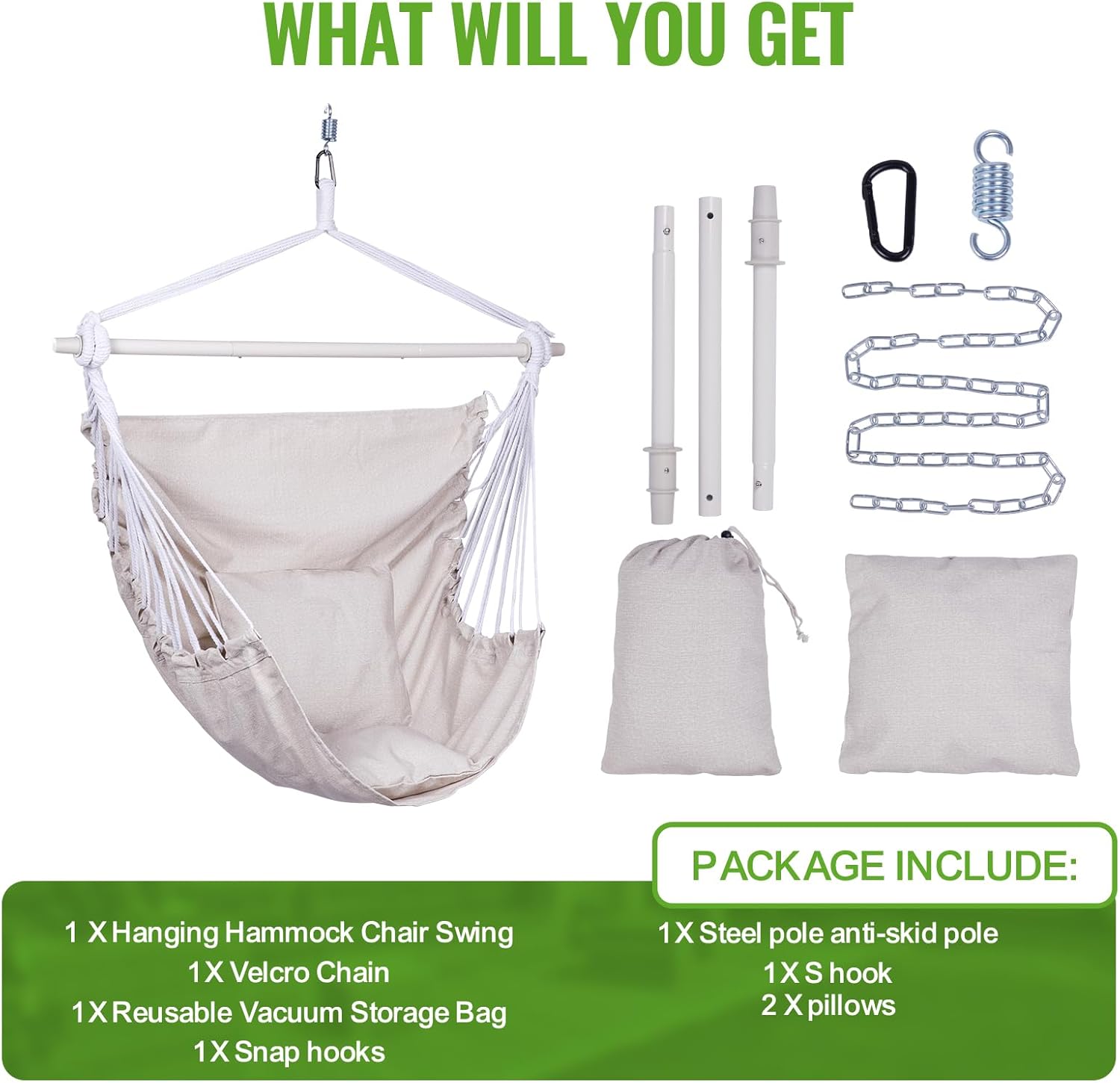 Backyard Expressions Hanging Hammock Chair Swing with Cushions & Hanging Kit – 500 lb Capacity, Cotton Blend Fabric, for Indoor/Outdoor Use – Includes Chain, Hooks & Spring – 5 Colors - Image 5