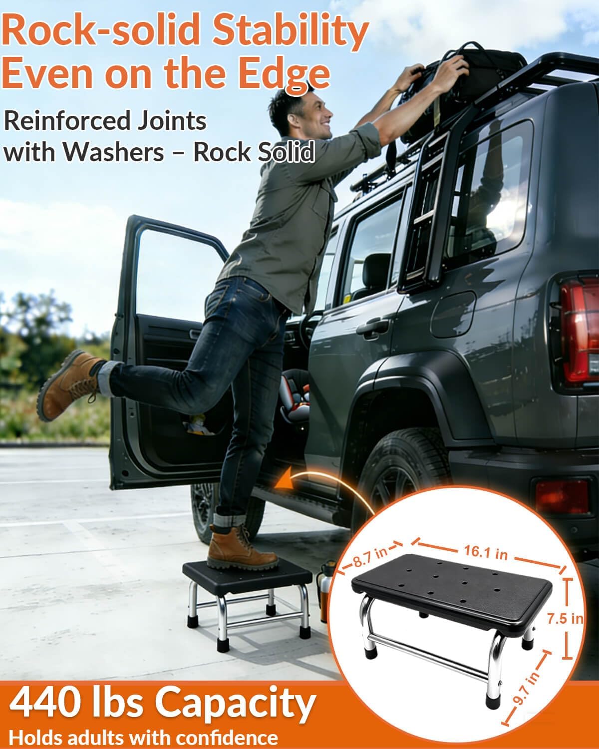 Step Stool, 440 lbs Heavy Duty Stainless Steel, Non-Skid HDPE Platform for Adults, Lightweight Portable Foot Stool for Kitchen Bathroom Bedroom RV Home Office