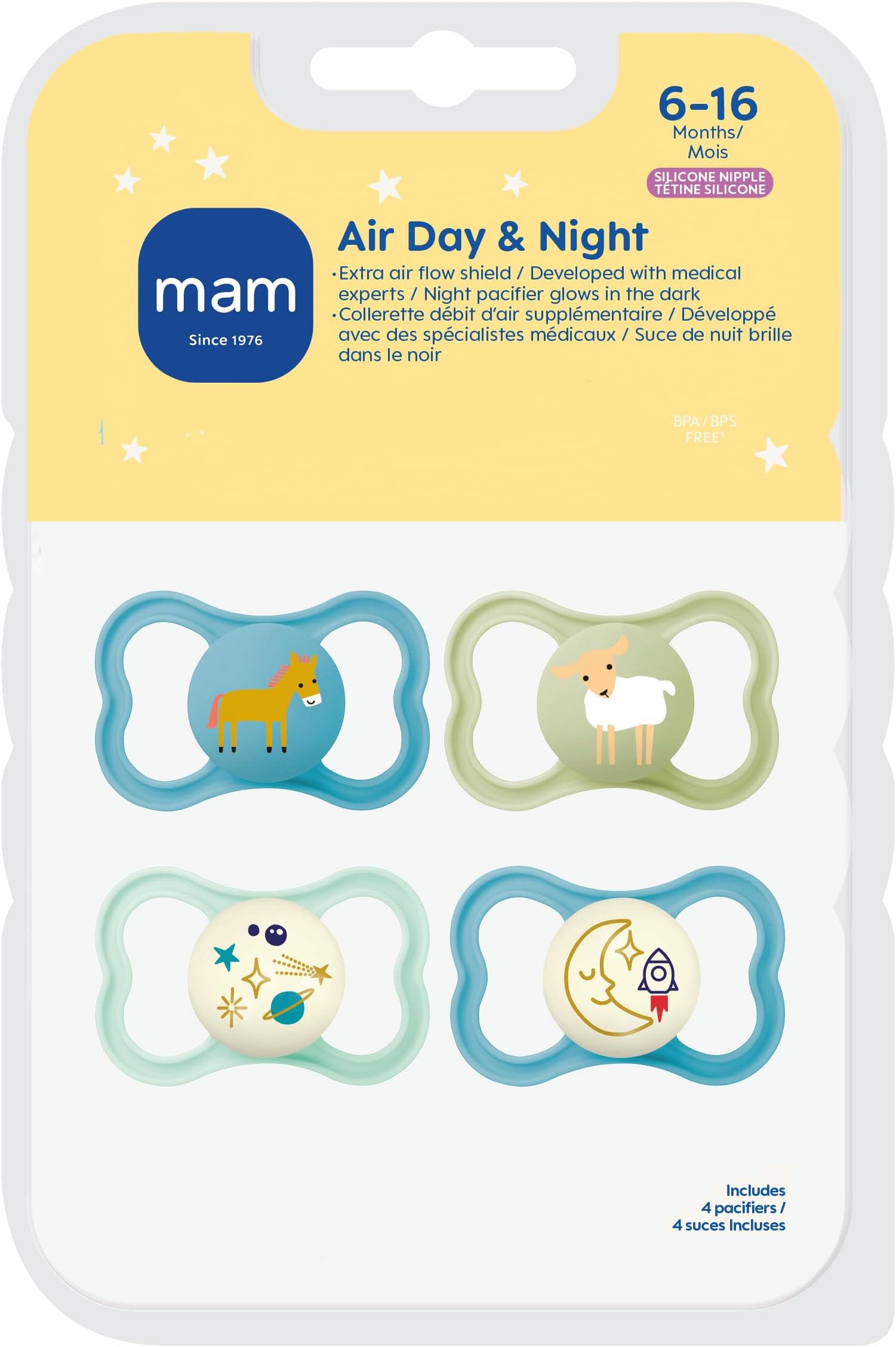 MAM Air Pacifier 6-16 Months, Extra Air Flow for Sensitive Skin, 4 Pack