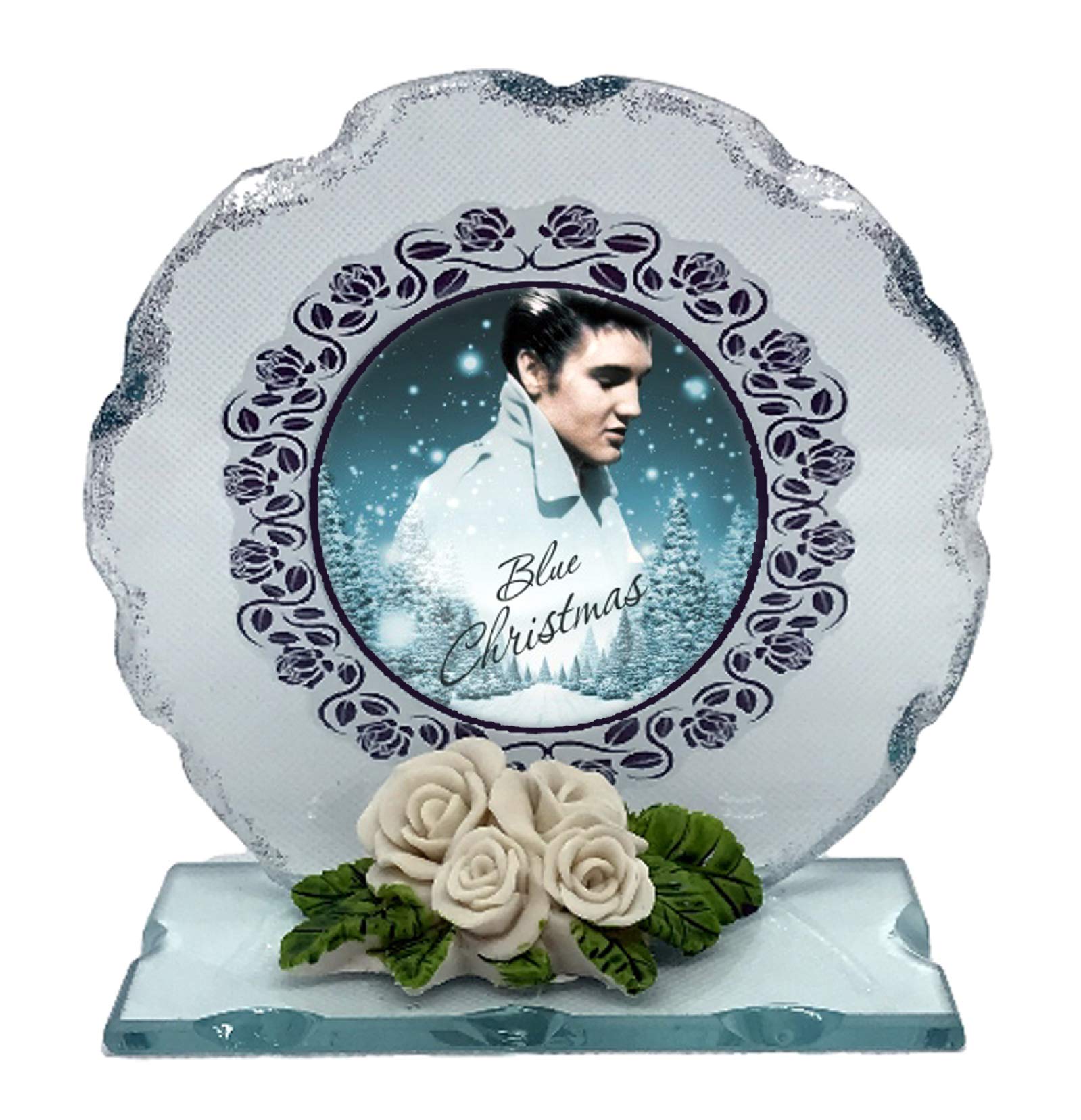 Cellini Plaques Blue,White Elvis Presley, My Way, Cut Glass Round Plaque Special Occasion Porcelain White Roses Tribute Limited Edition
