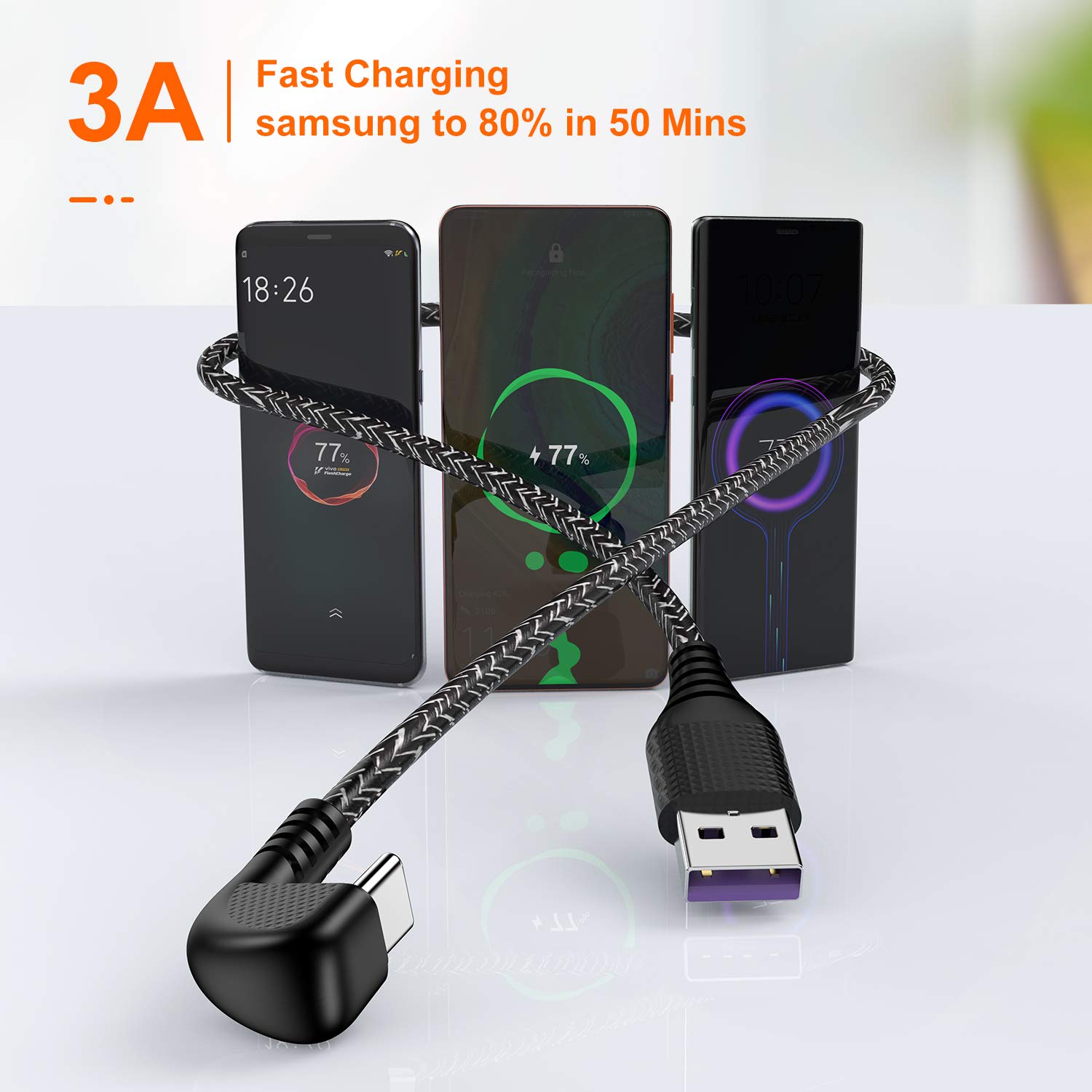Better Design Long USB Type C Cable, 2Pack 10ft USB A to USB-C Fast Charger Nylon Braided Cord, Right Angle 10 Feet USB C Charging Cable for Samsung Galaxy S10 S9 S8 S20 Plus A51 A11,Note 10 9 8, PS5