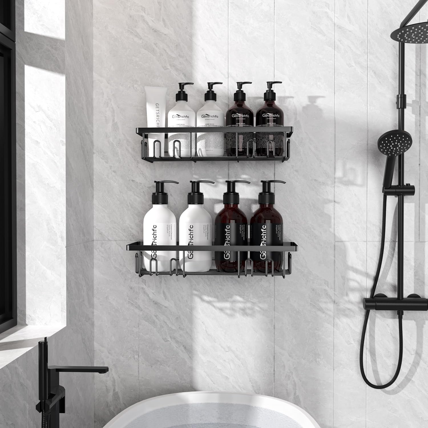 Organizador adhesivo para ducha, estantes de ducha con 16 ganchos, estantes de esquina de pared inoxidables para baño interior, sin perforaciones, organizadores de baño elegantes y soportes 8