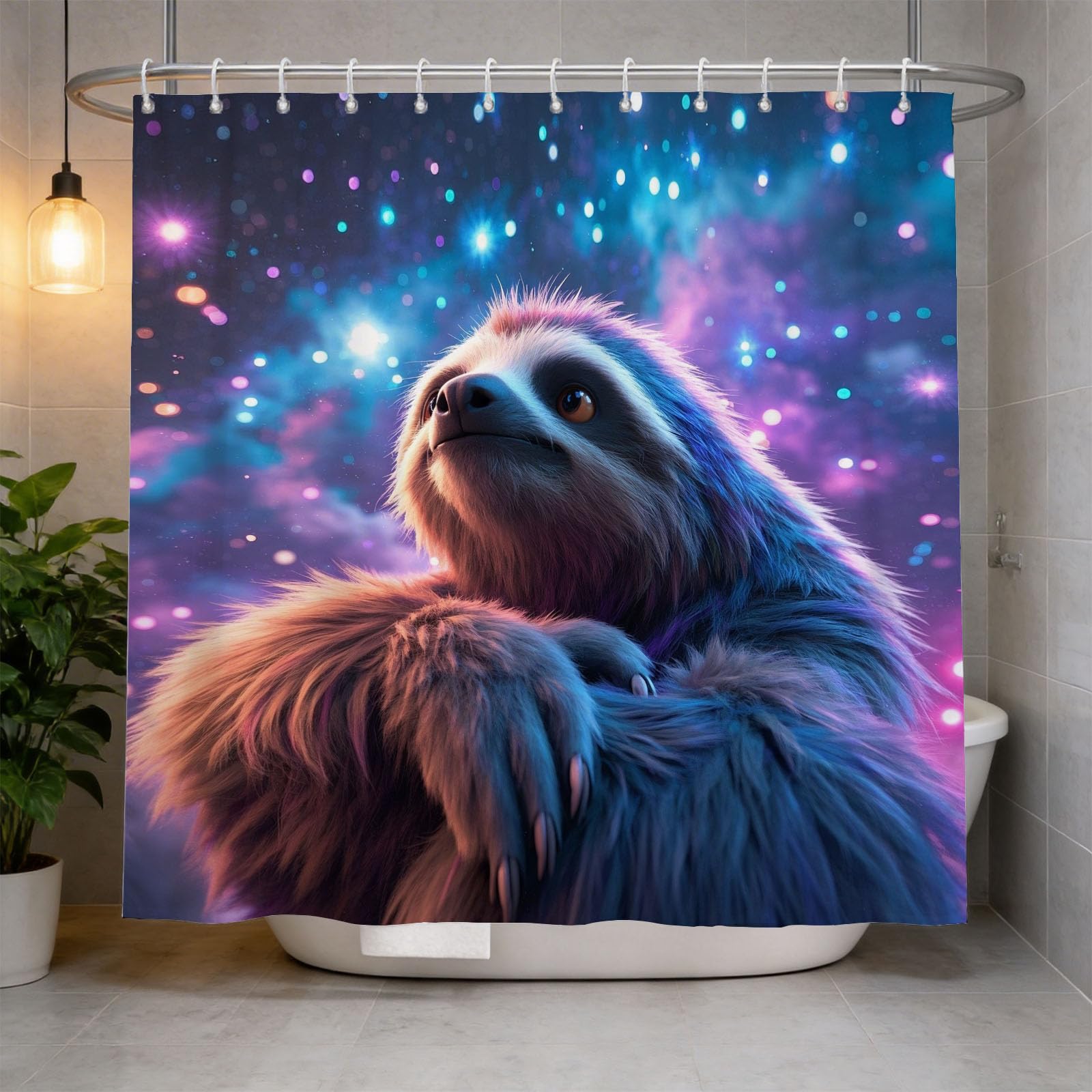 Hongduo White 3D Sloth Shower Curtain For Stalls Bathtubs Starlight Bathroom Decor Shower Curtain Set Polyester Fabric Waterproof 200X200cm/79X79 Inch With Hooks