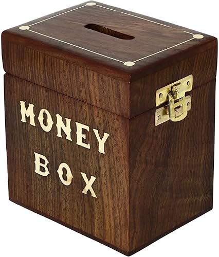 Hucha de madera hecha a mano | Ideas de regalos para niños y adultos | Caja de banco de monedas para ahorrar dinero | Esquinas con incrustaciones de
