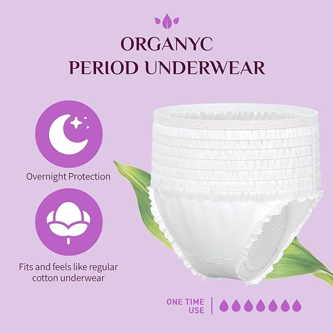 Organyc's disposable period underwear is the perfect choice for those with sensitive skin. Made from certified organic cotton, these underwear offer a gentle touch that keeps you comfortable for more than 8 hours. The super absorbent design ensures that leaks are fully prevented, providing 8 hours or more protection, even during heavy flow or overnight wear.