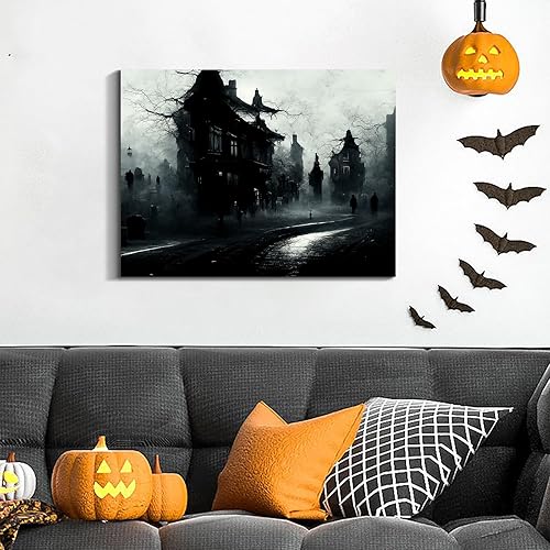 Miniatura 130 de Denozer Lienzo decorativo para pared de Halloween, castillo de terror de 32 x 24 pulgadas, decoración de pared de luna, decoración de otoño de Obra