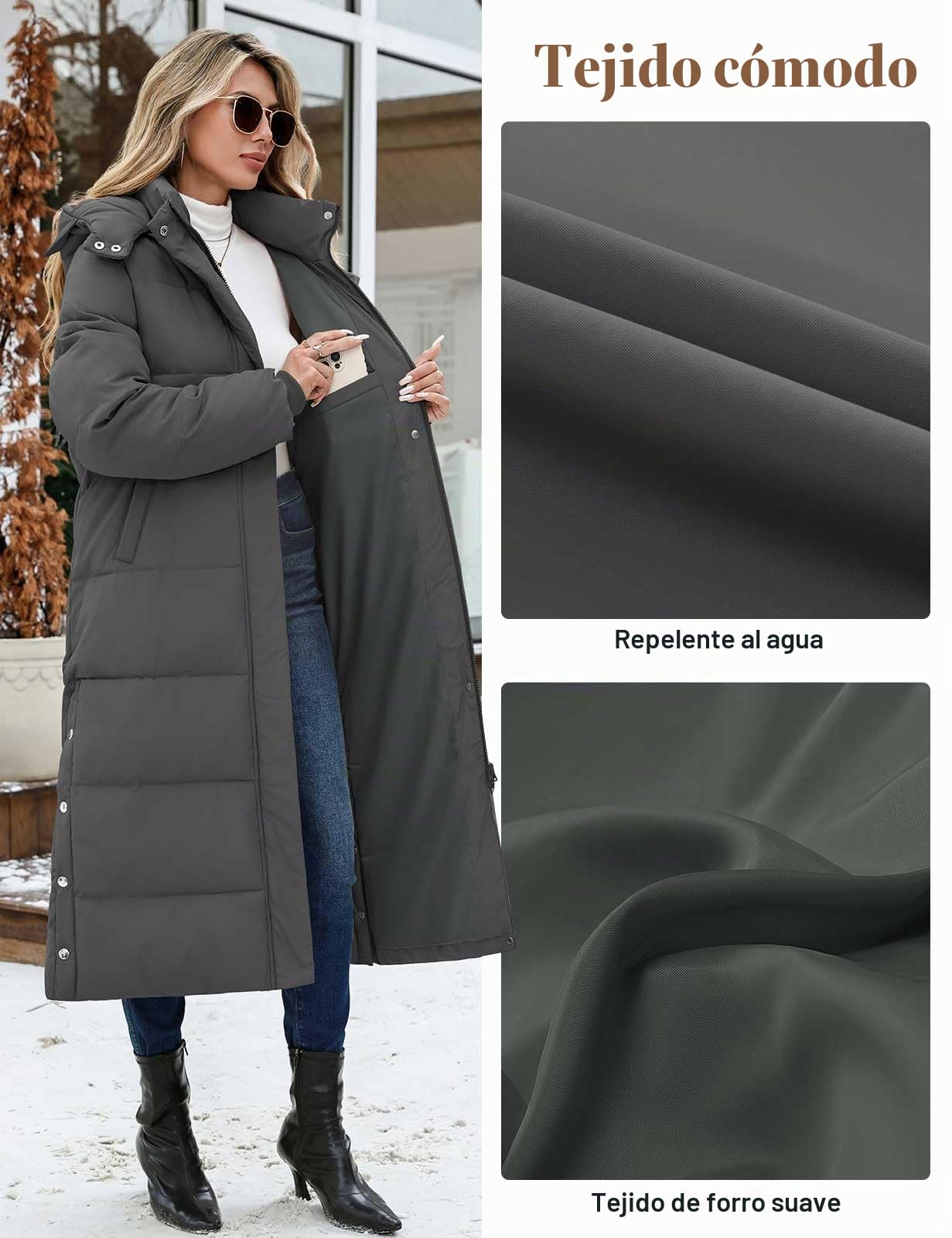Abrigo Largo Mujer Invierno Chaqueta Acolchado Cálido Abrigos Gruesa Plumifero Chaquetas Polar Elegante Parka Prueba de Viento con Capucha Desmontable para Diario y al Aire Libre