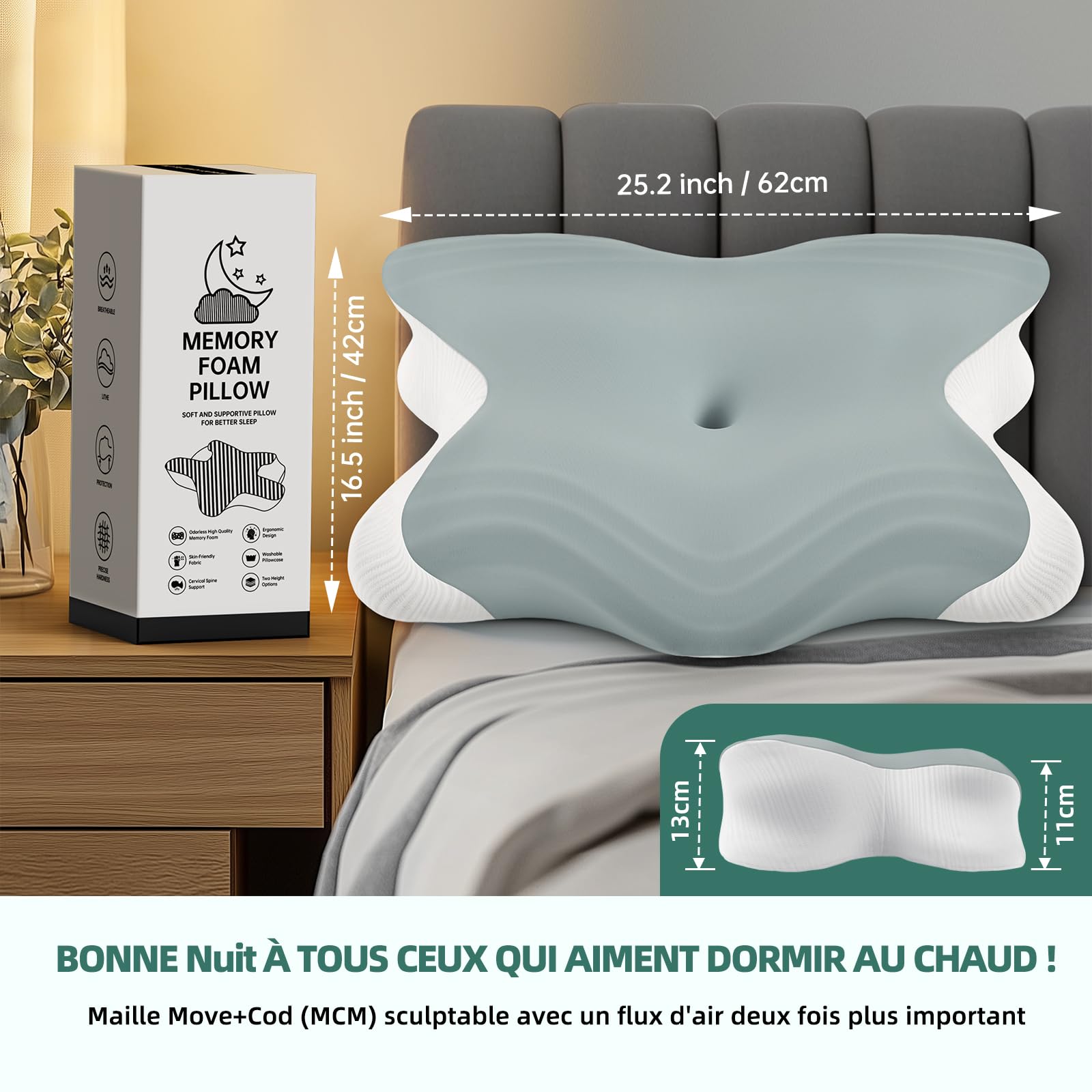 Oreiller Ergonomique Cervical, 2 en 1 Oreiller memoire Forme, rafraichissant oreillers Cervical, oreillers Papillon pour Dormir sur Le côté, Le Dos et Le Ventre 62cm x 42cm x 13/11cm Gris