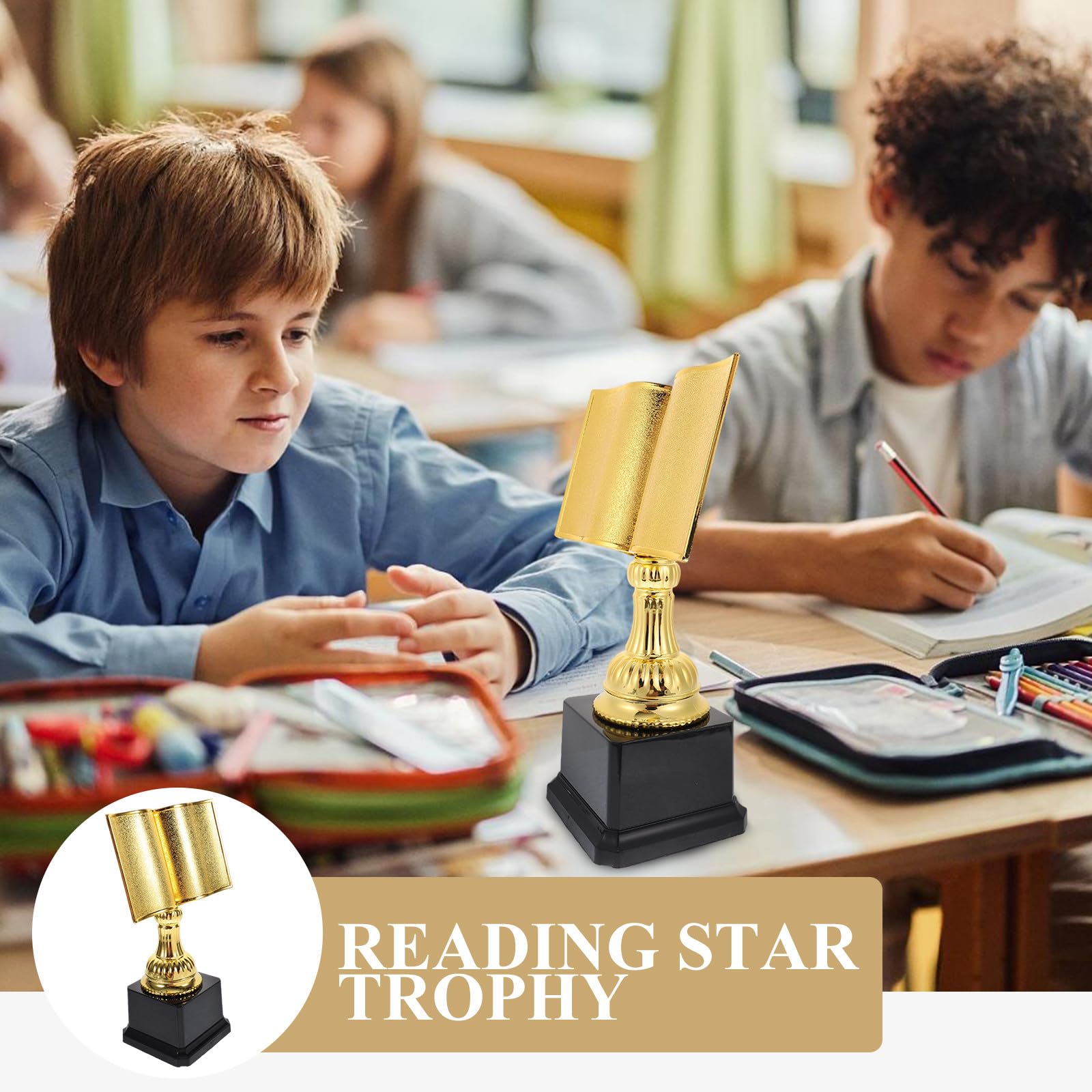 Luxshiny Exquisiter Buchförmiger Lesewettbewerb Pokal aus Kunststoff in Gold Preispokal für Gewinner und Kleine Freunde bei Bibliothekswettkämpfen