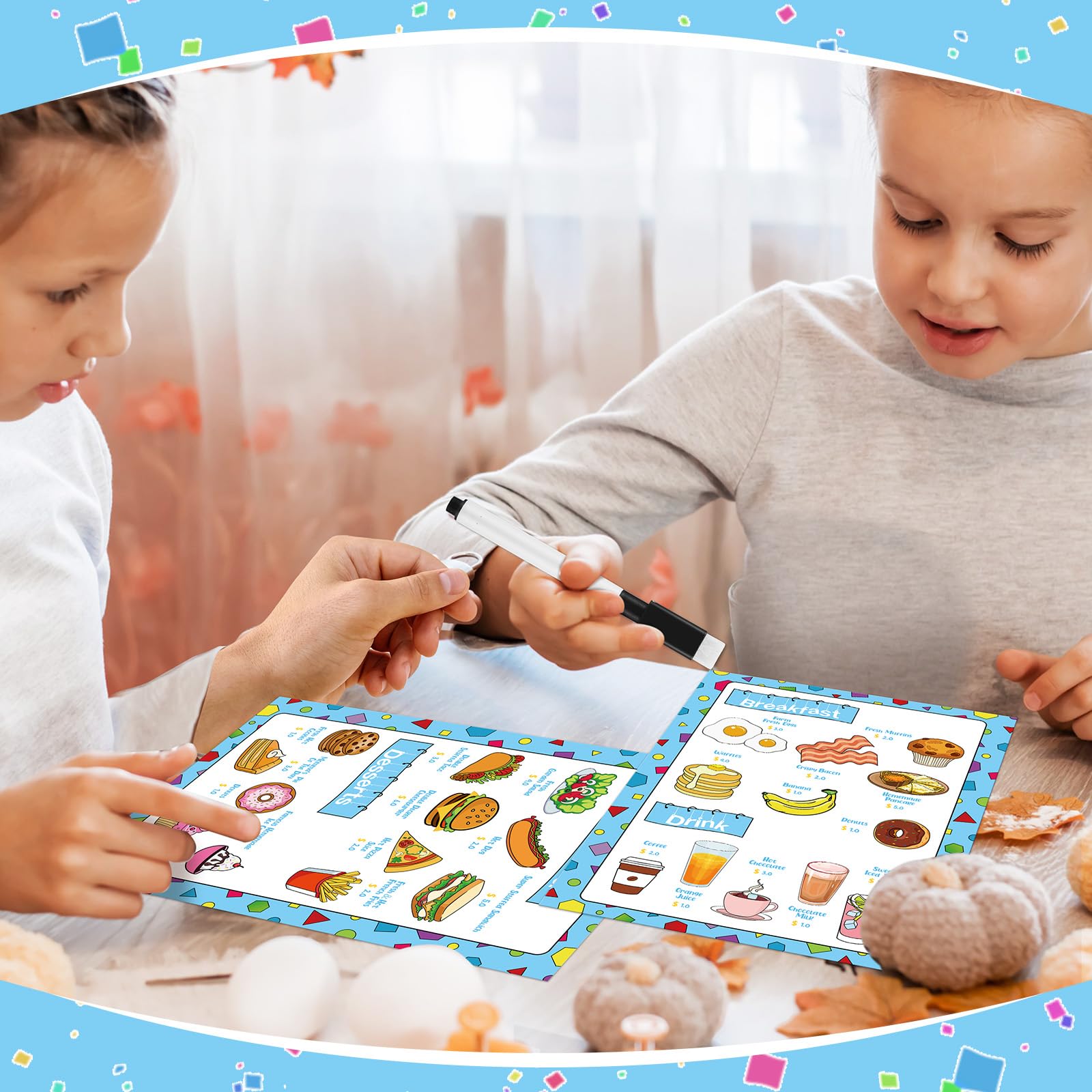 Juego de 6 piezas de juguetes de menús de restaurante para niños, almohadillas de pedidos de comida de cocina, 4 menús de simulación, 1 bloc de notas de servidor de verificación de invitados, 1 6