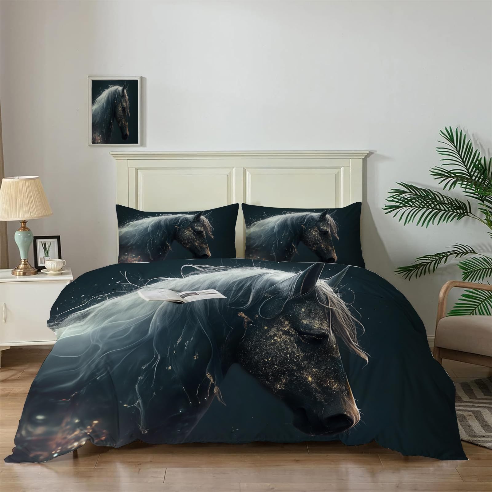 Housse de couette cheval noir style peinture à l'huile de luxe en microfibre douce