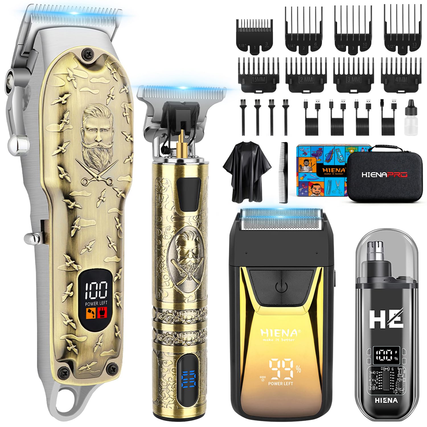 HIENA PRO Profi Haarschneidemaschine für Herren, Schnurloser Haarschneider Bartschneider Folienrasierer Nasentrimmer Set, USB Wiederaufladbares Komplettset Elektrisches Haarschneide-Kit
