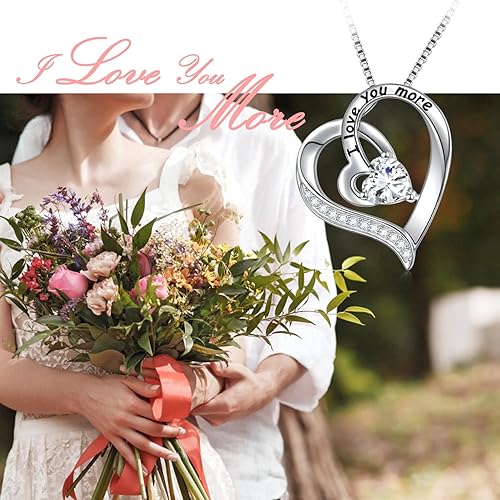 Miniatura 3 de FLYOW Regalos para mamá, collar de corazón con texto en inglés "I Love You More" para mujer, plata de ley 925 con circonita cúbica, colgante para