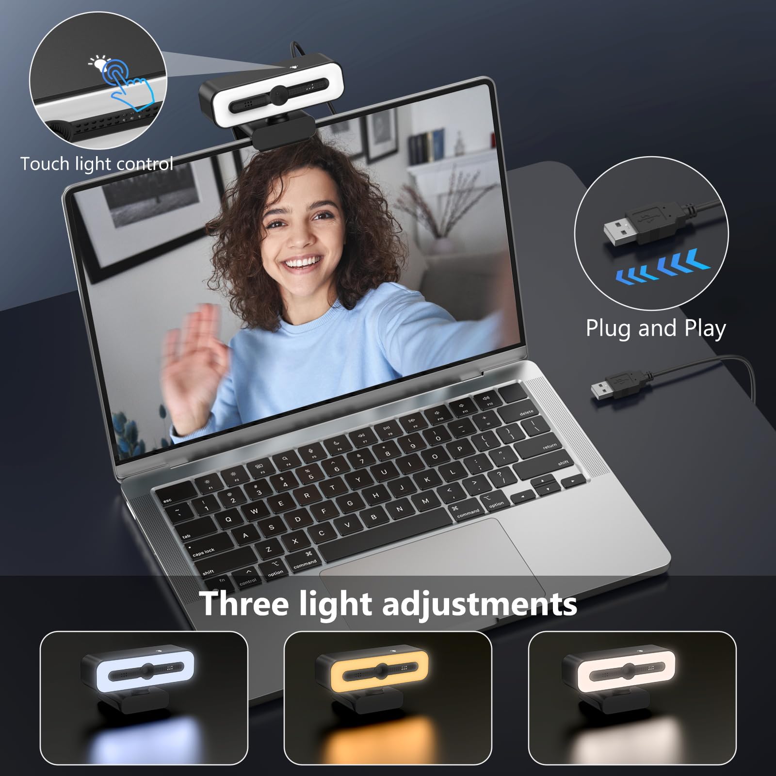 Webcam Full HD 1080P Con Microfono E Luce Integrata, Per PC, Portatili E Videochiamate, Plug And Play - 2